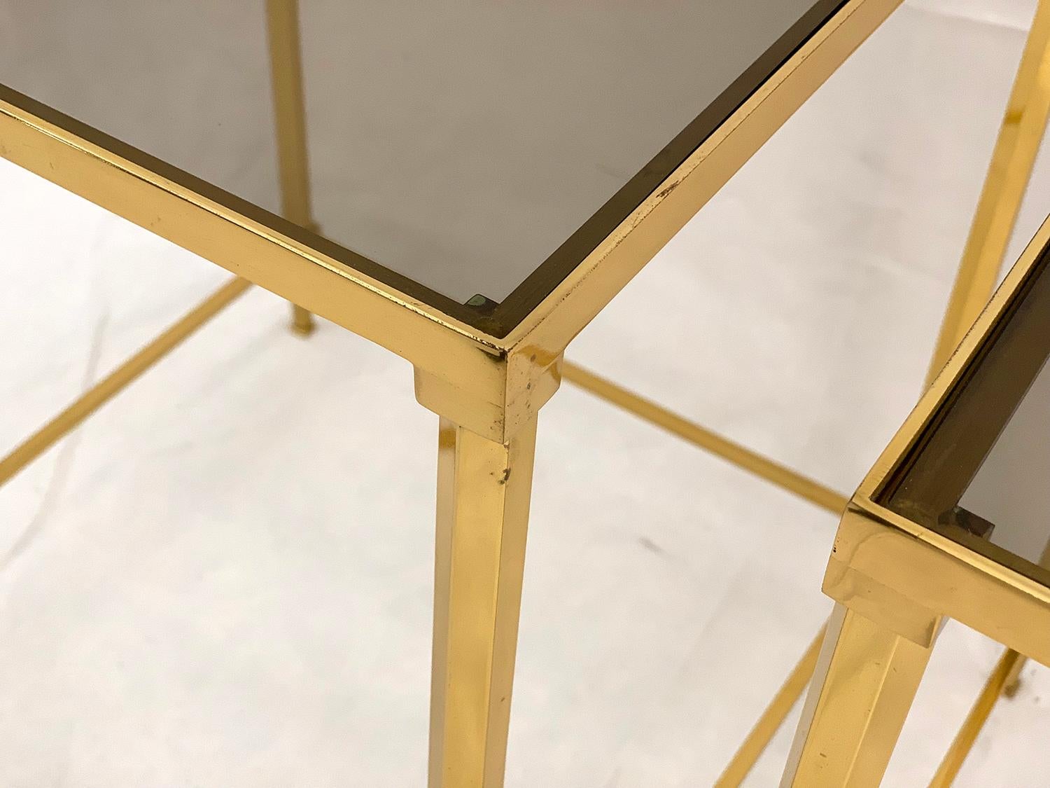 Late 20th Century Pair of Brass and Smoked Glass End Tables For Sale