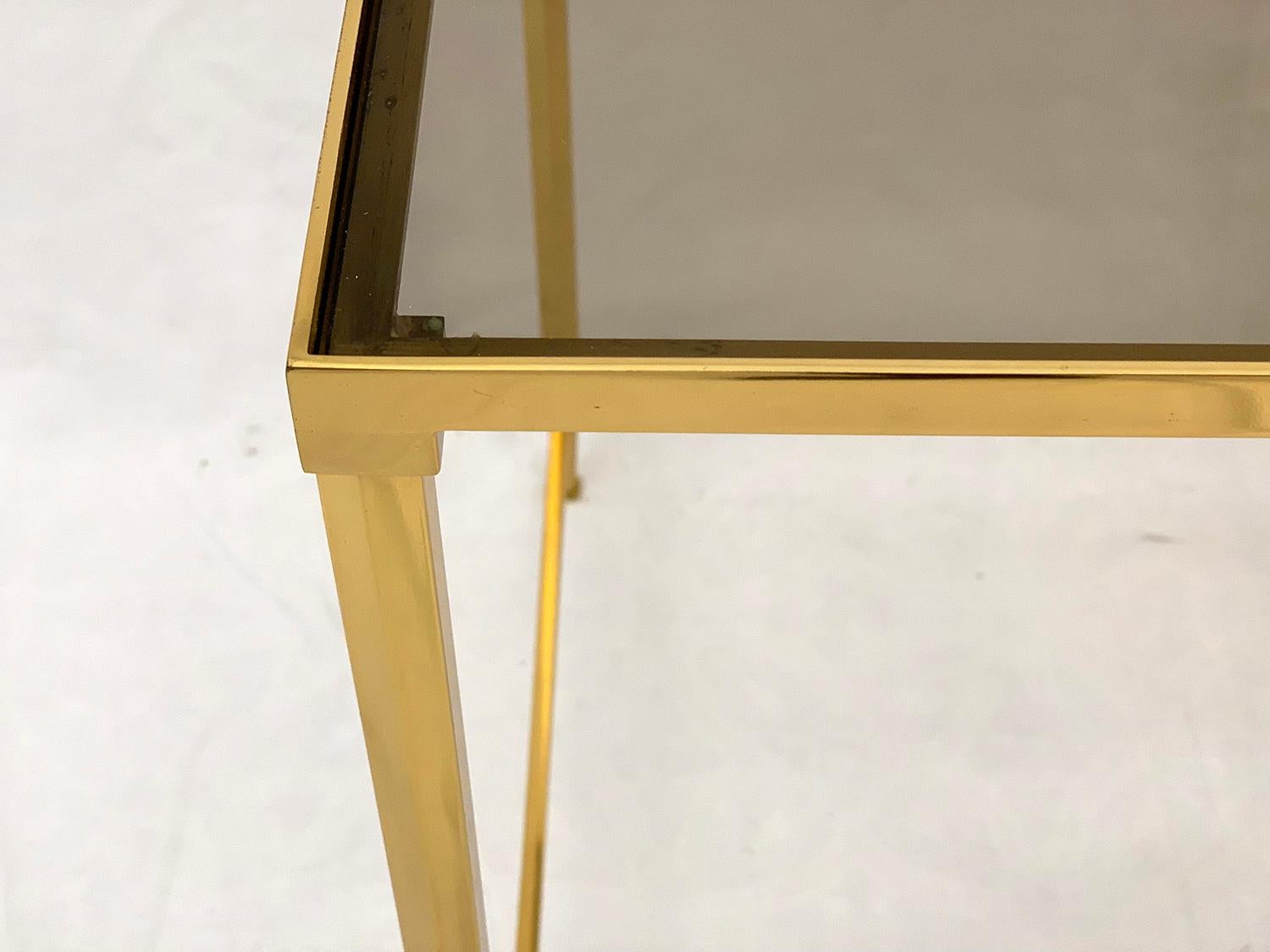 Steel Pair of Brass and Smoked Glass End Tables For Sale