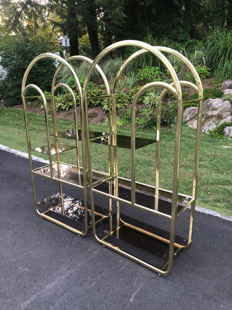 Pair of Brass and Smoked Glass Etageres For Sale 5