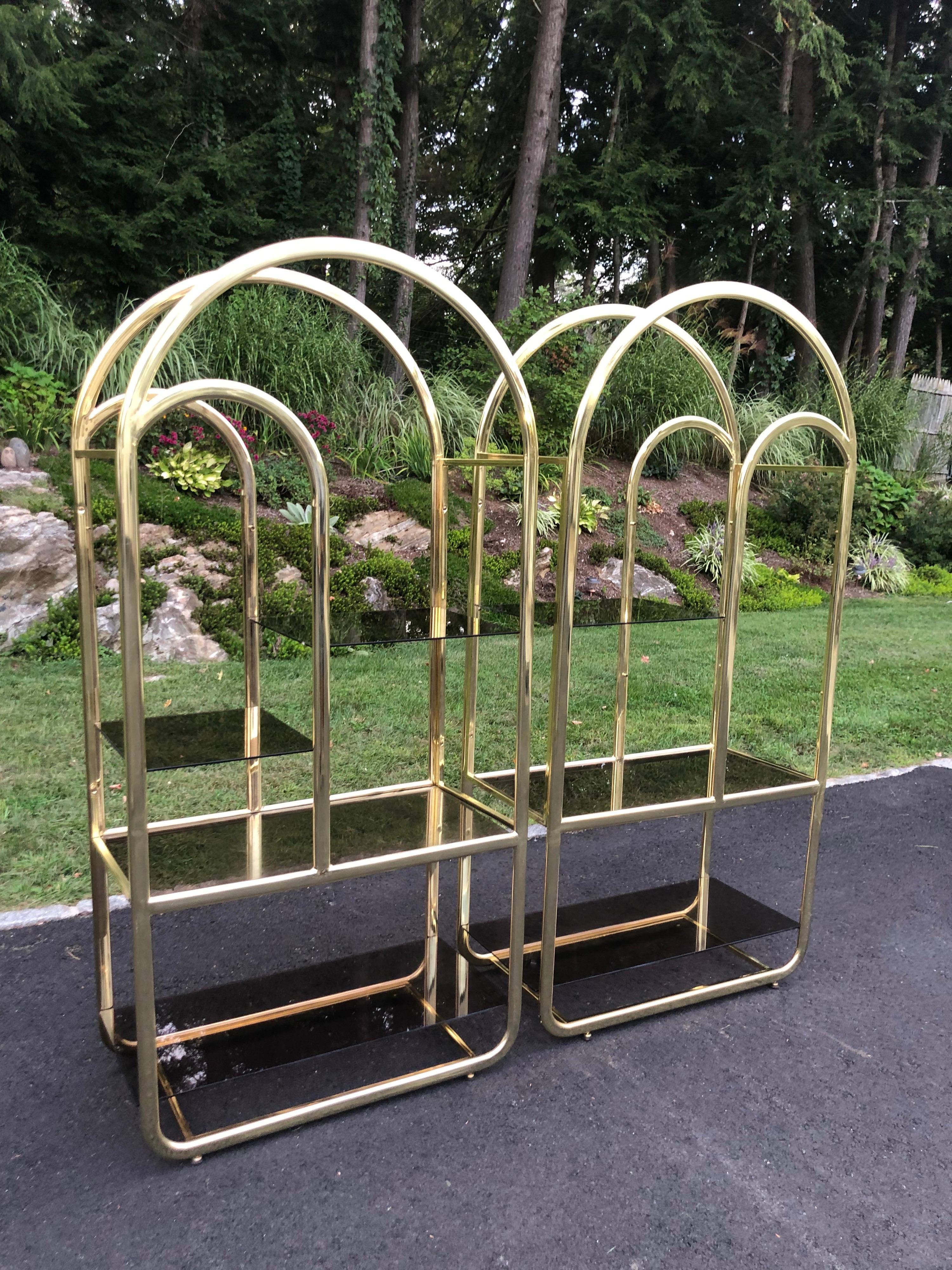 Pair of Brass and Smoked Glass Etageres 14