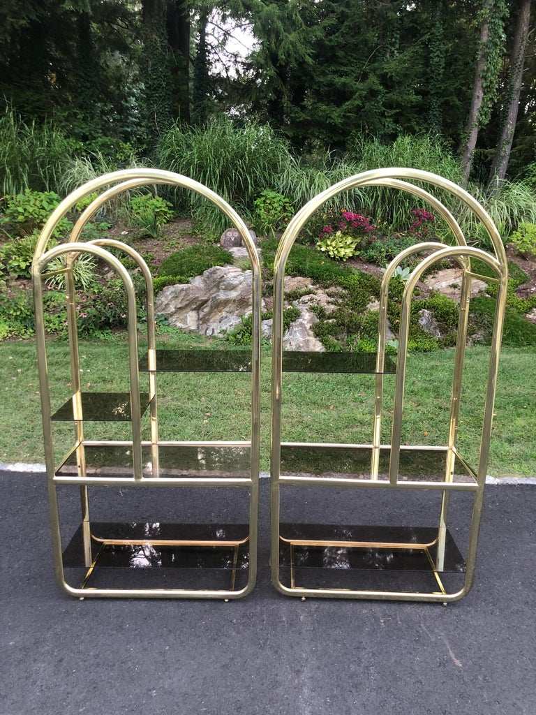 Mid-Century Modern Pair of Brass and Smoked Glass Etageres For Sale
