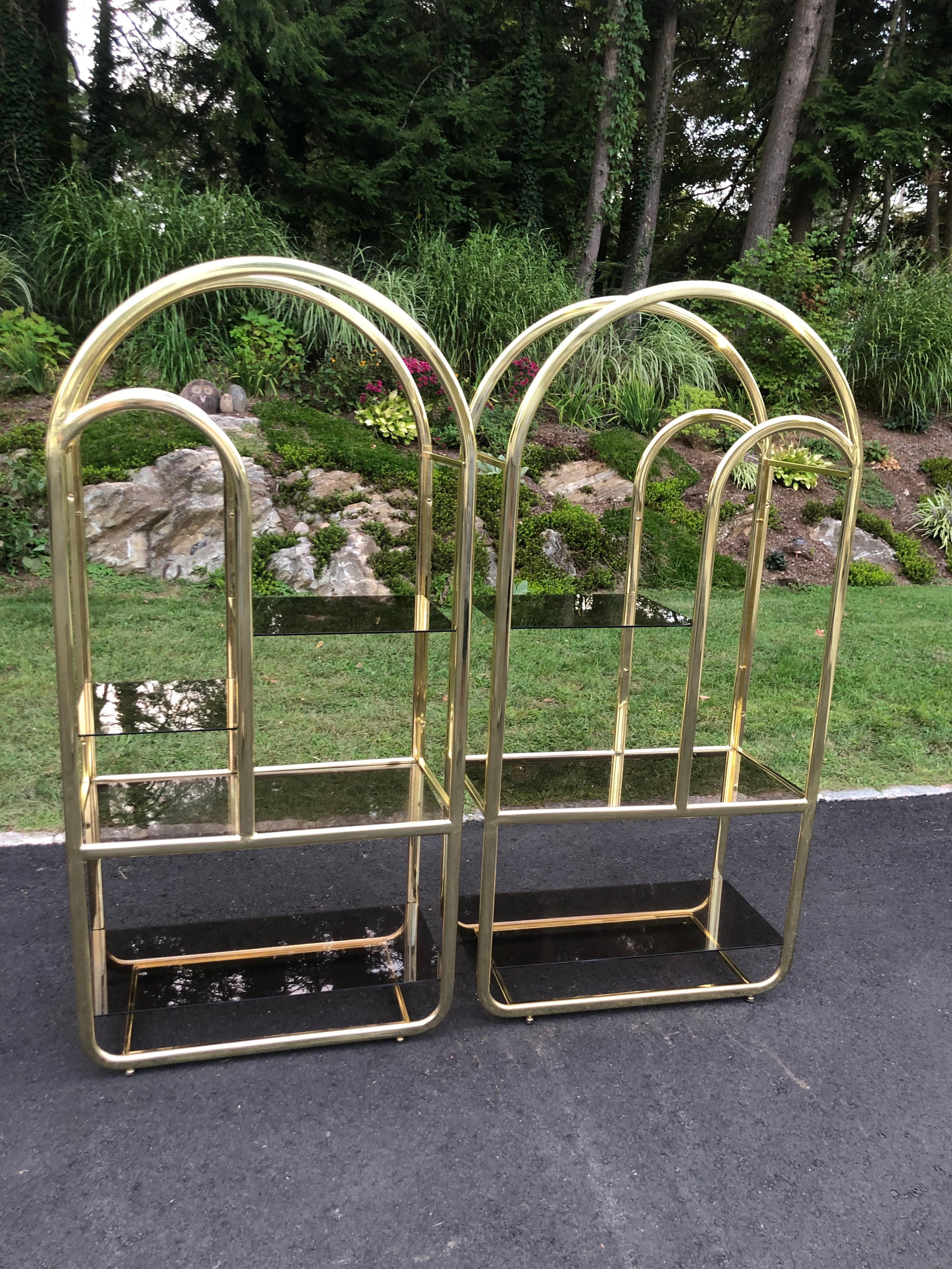 Pair of Brass and Smoked Glass Etageres In Good Condition In Redding, CT