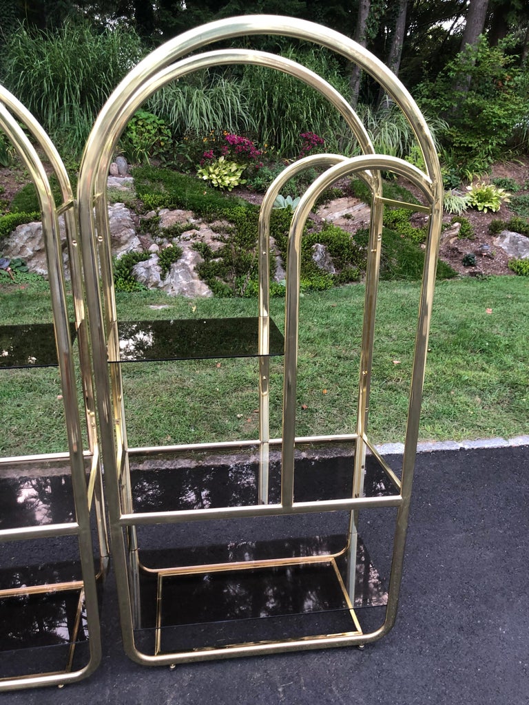 Late 20th Century Pair of Brass and Smoked Glass Etageres For Sale