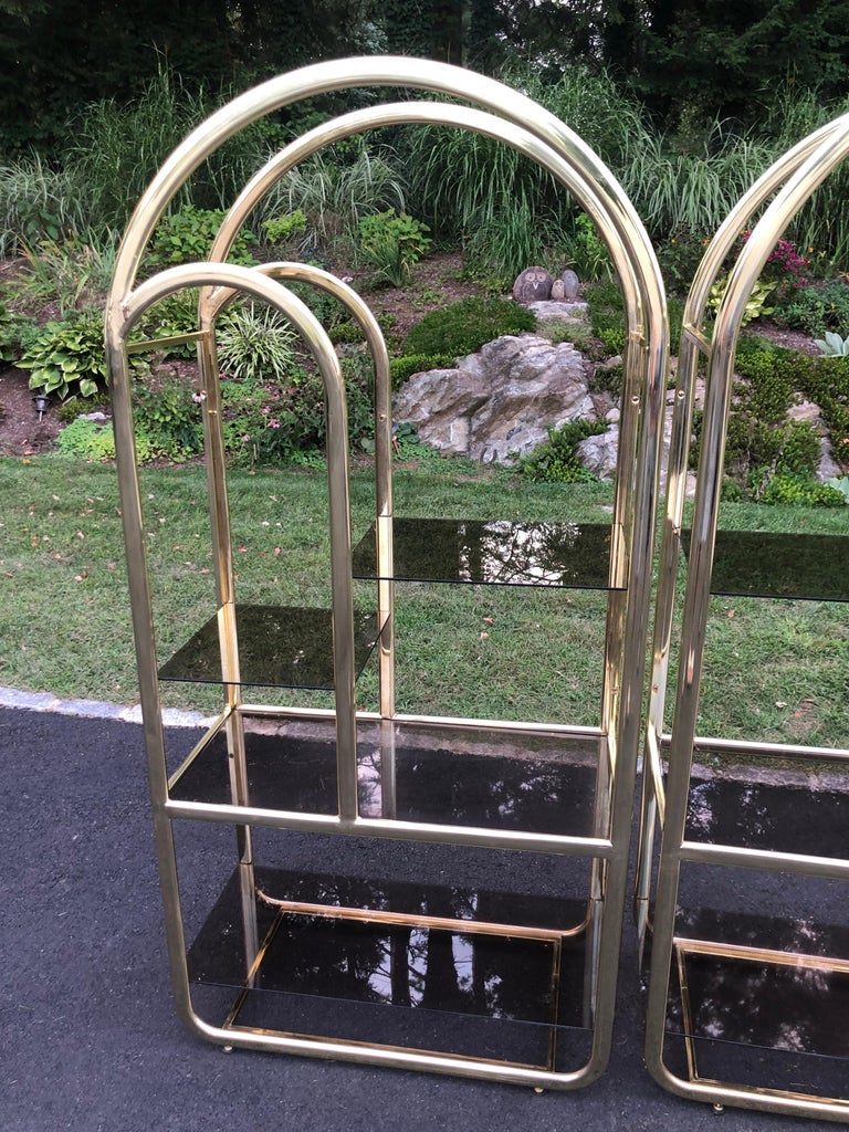Pair of Brass and Smoked Glass Etageres For Sale 1