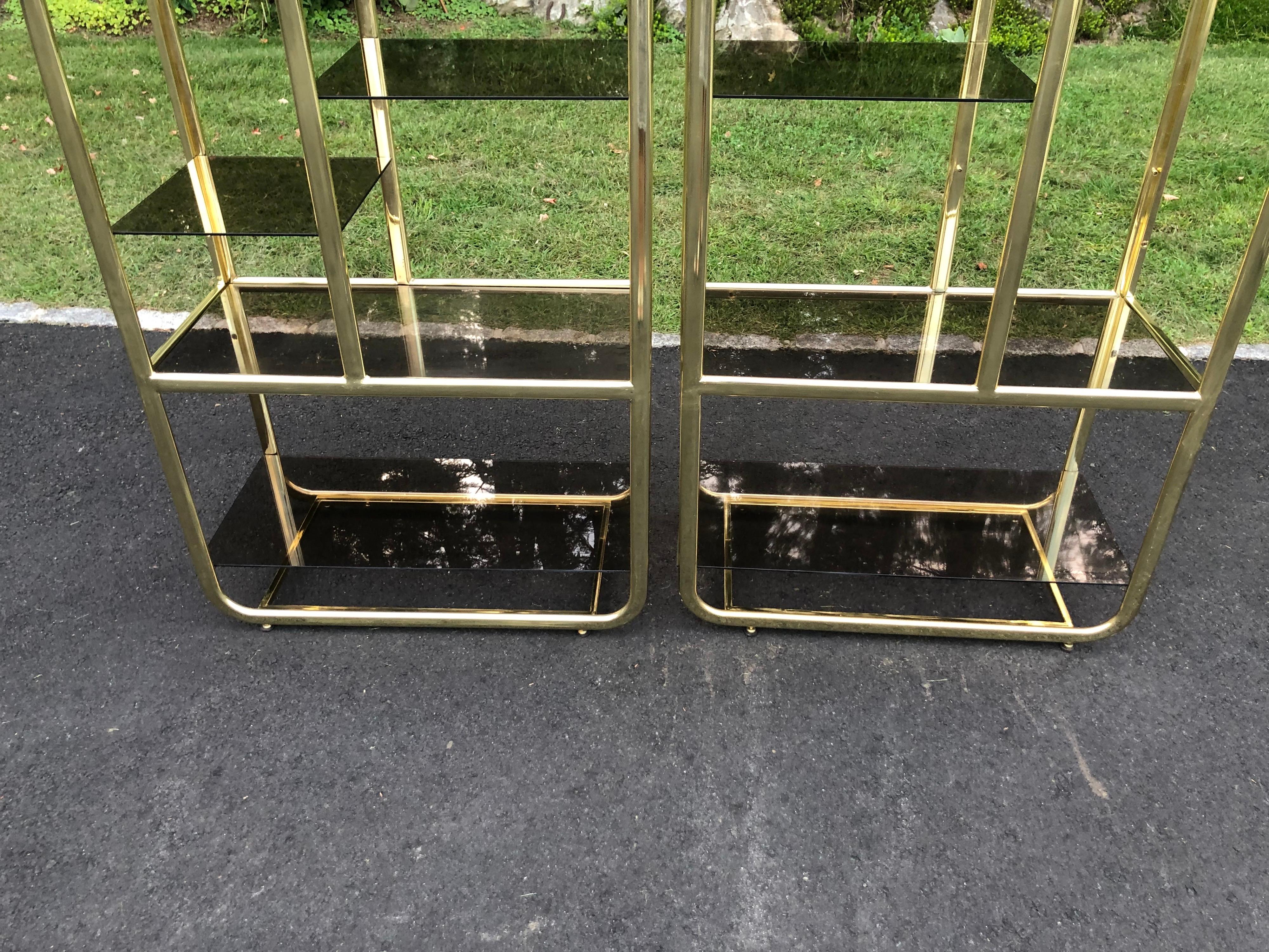 Pair of Brass and Smoked Glass Etageres 2