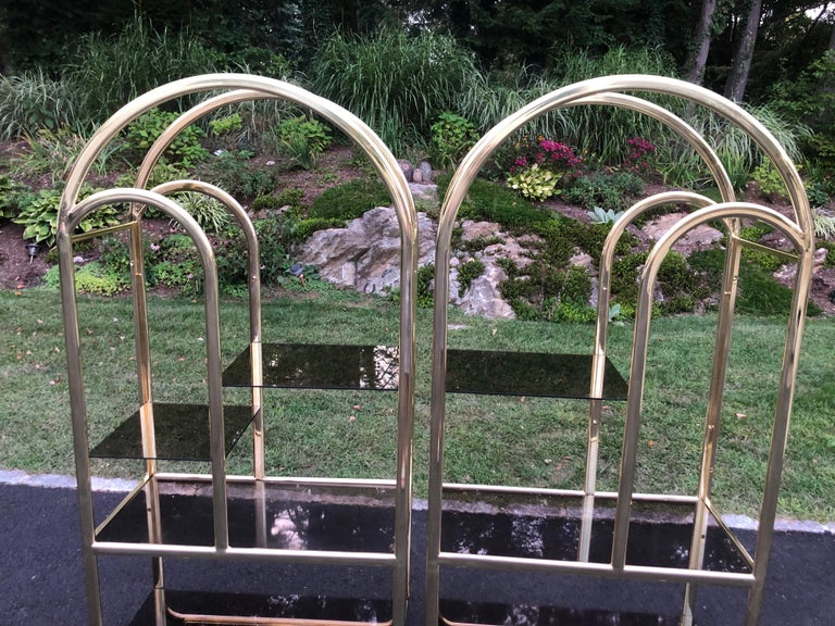 Pair of Brass and Smoked Glass Etageres For Sale 3