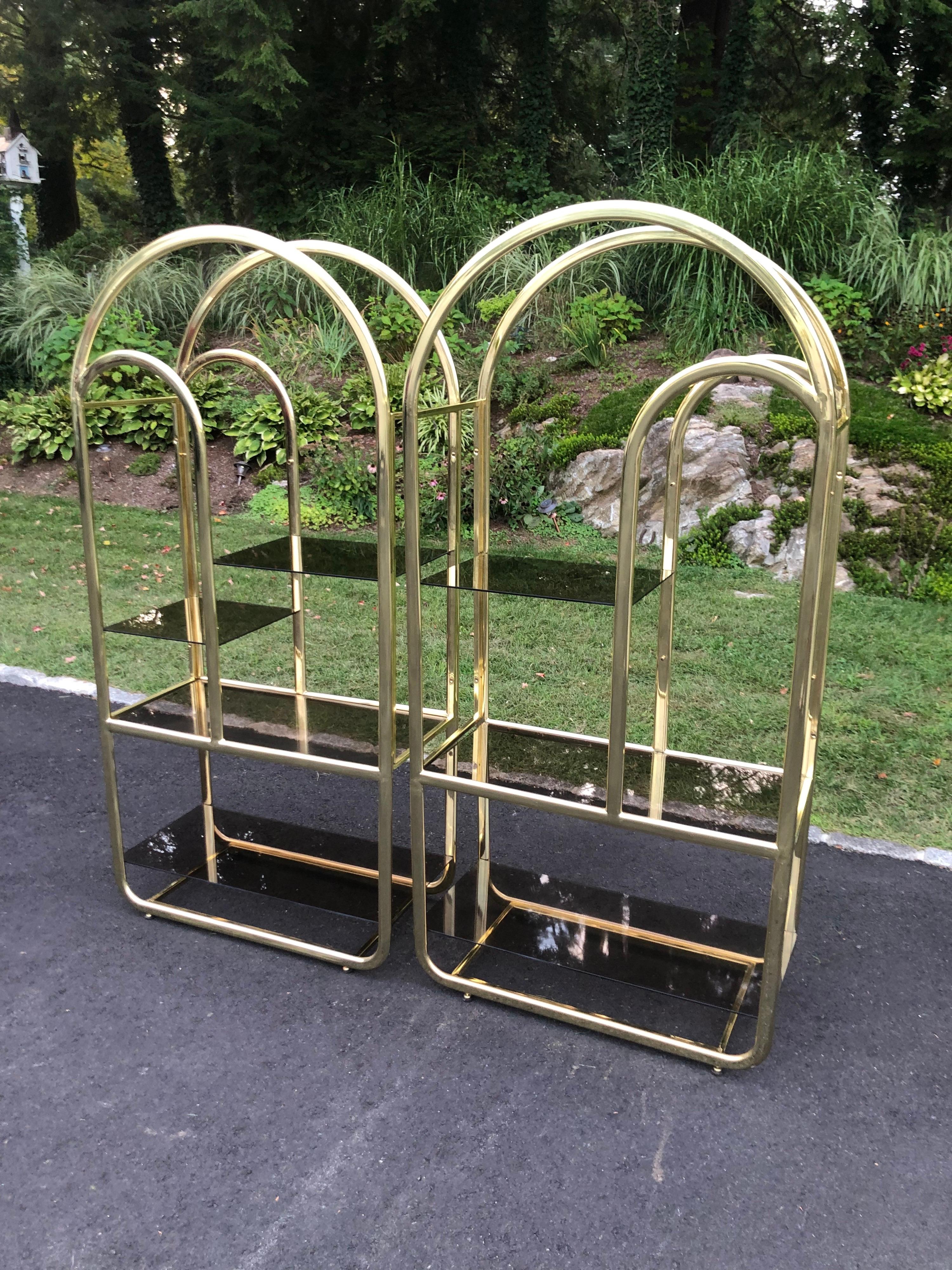 Pair of Brass and Smoked Glass Etageres 4
