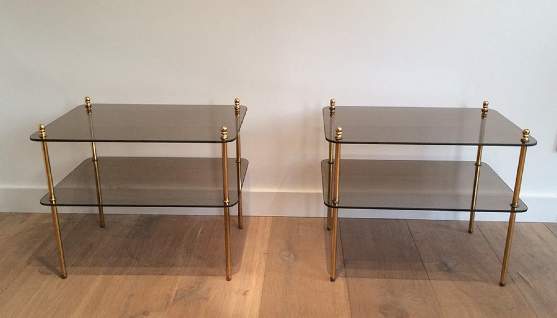 Pair of Brass and Smoked Glass Side Tables, French Work, Circa 1970 For Sale 4