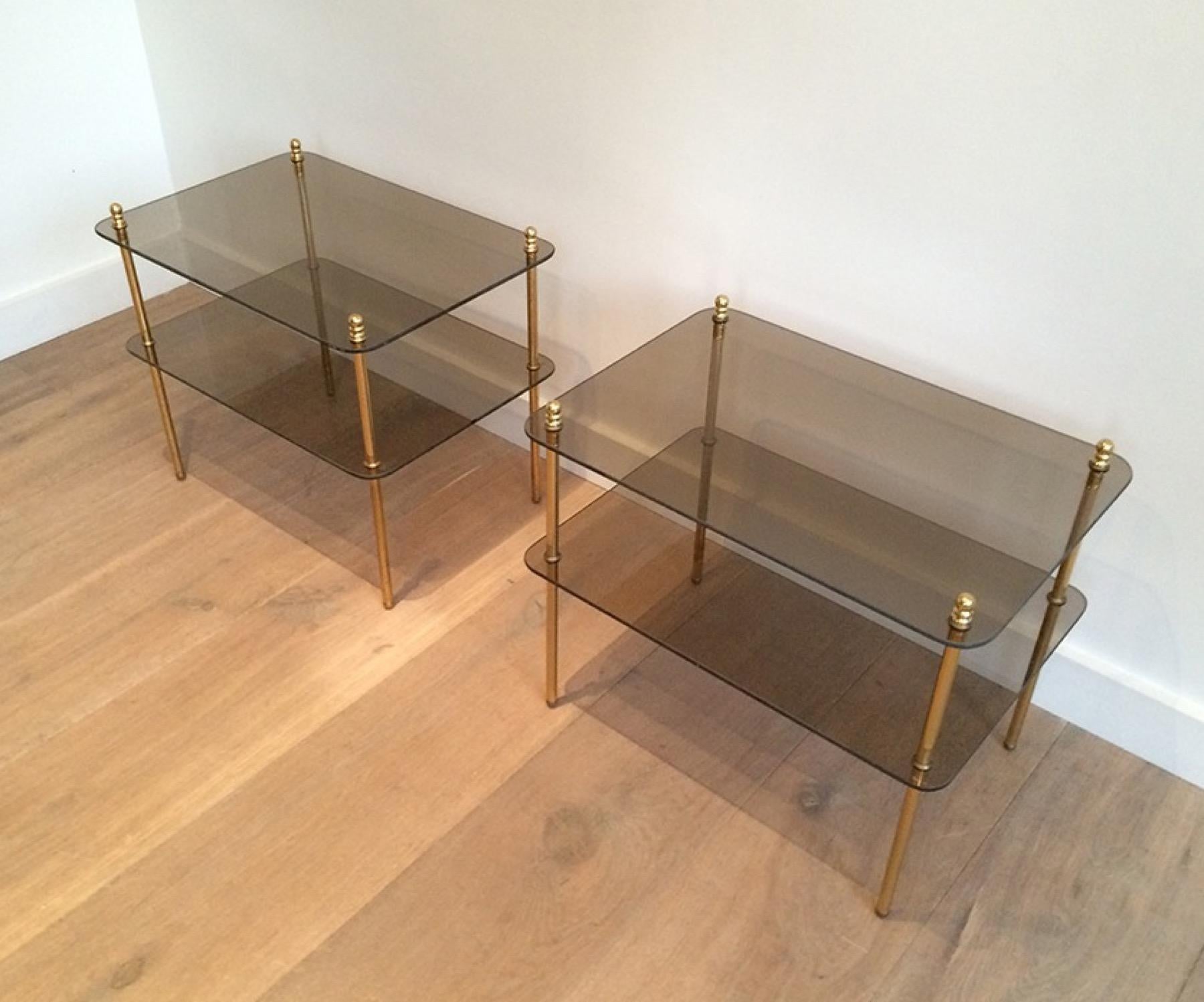 Pair of Brass and Smoked Glass Side Tables, French Work, Circa 1970 For Sale 5