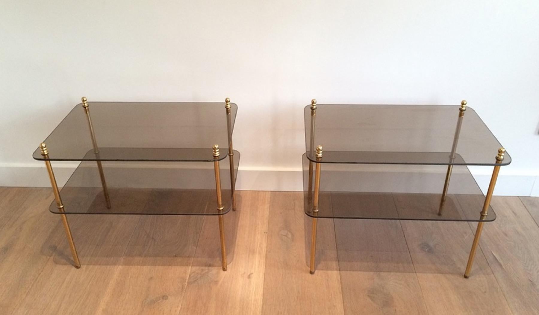 This pair of side tables is made of brass with smoked glass shelves. This is a French work. Circa 1960.