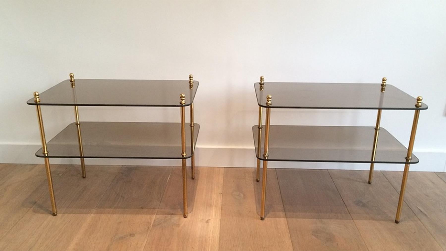 Mid-Century Modern Pair of Brass and Smoked Glass Side Tables, French Work, Circa 1970 For Sale