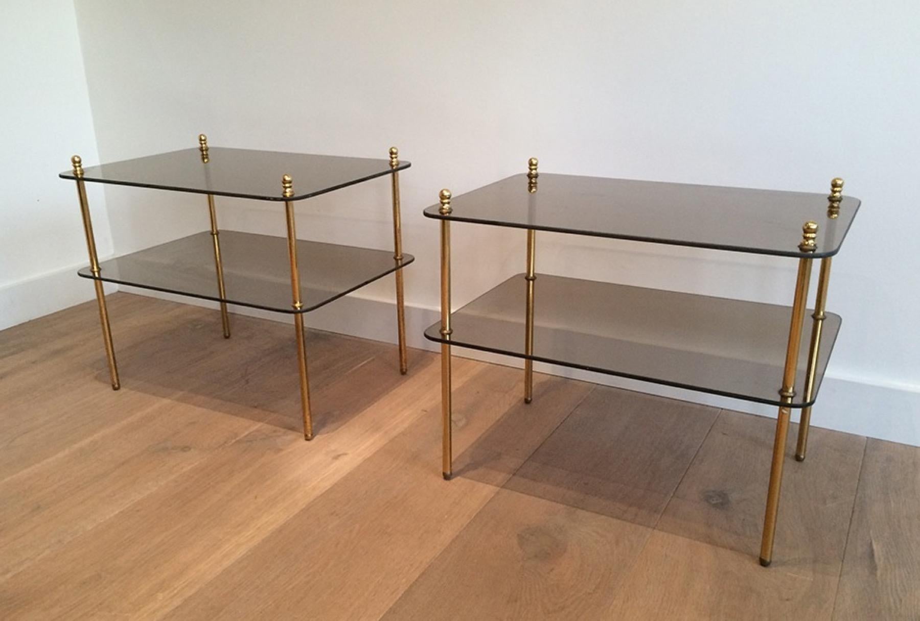 Bronzed Pair of Brass and Smoked Glass Side Tables, French Work, Circa 1970 For Sale