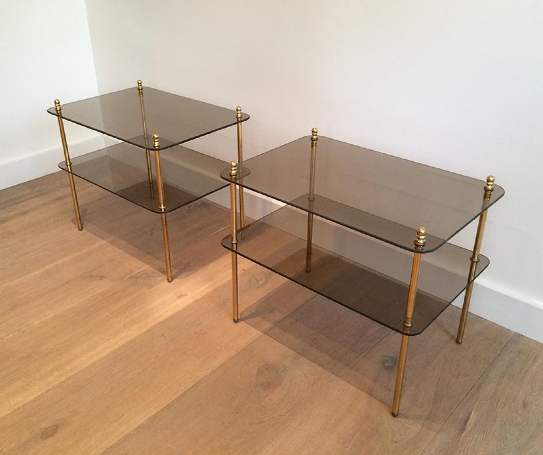 Late 20th Century Pair of Brass and Smoked Glass Side Tables, French Work, Circa 1970 For Sale