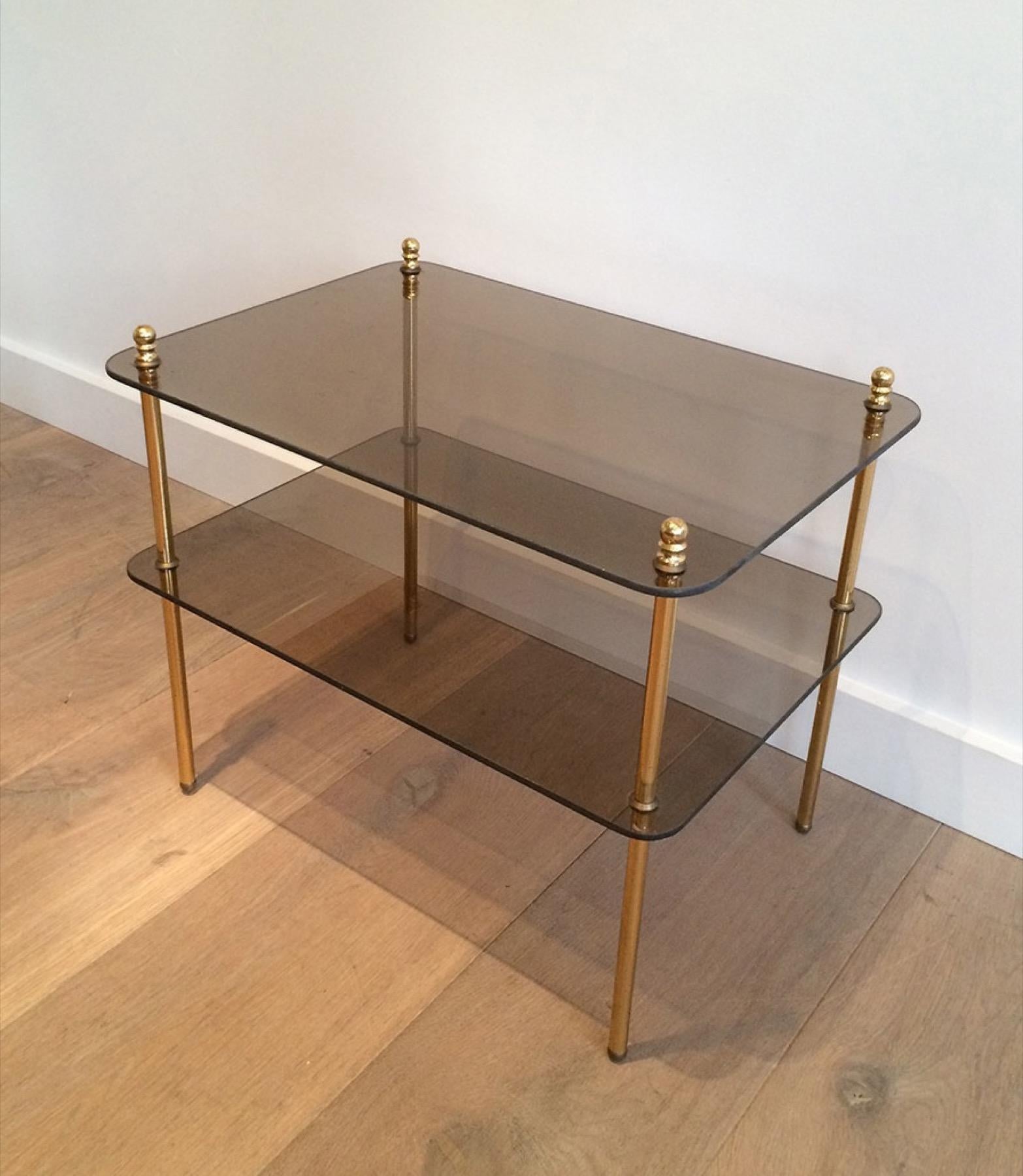 Pair of Brass and Smoked Glass Side Tables, French Work, Circa 1970 For Sale 1