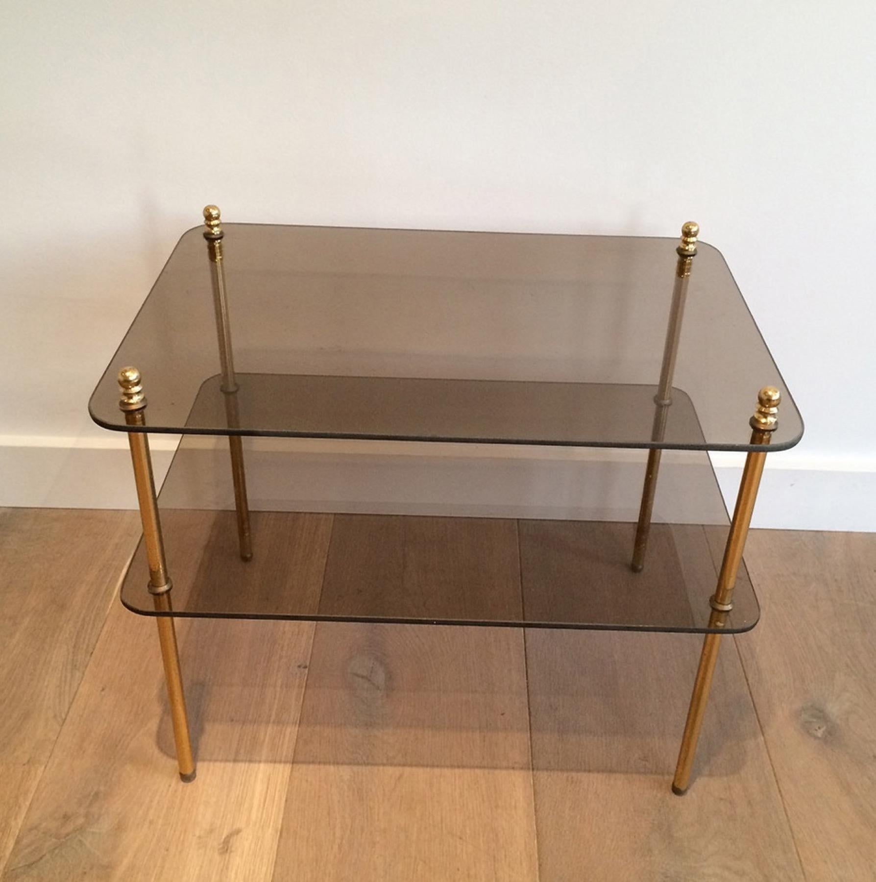 Pair of Brass and Smoked Glass Side Tables, French Work, Circa 1970 For Sale 3