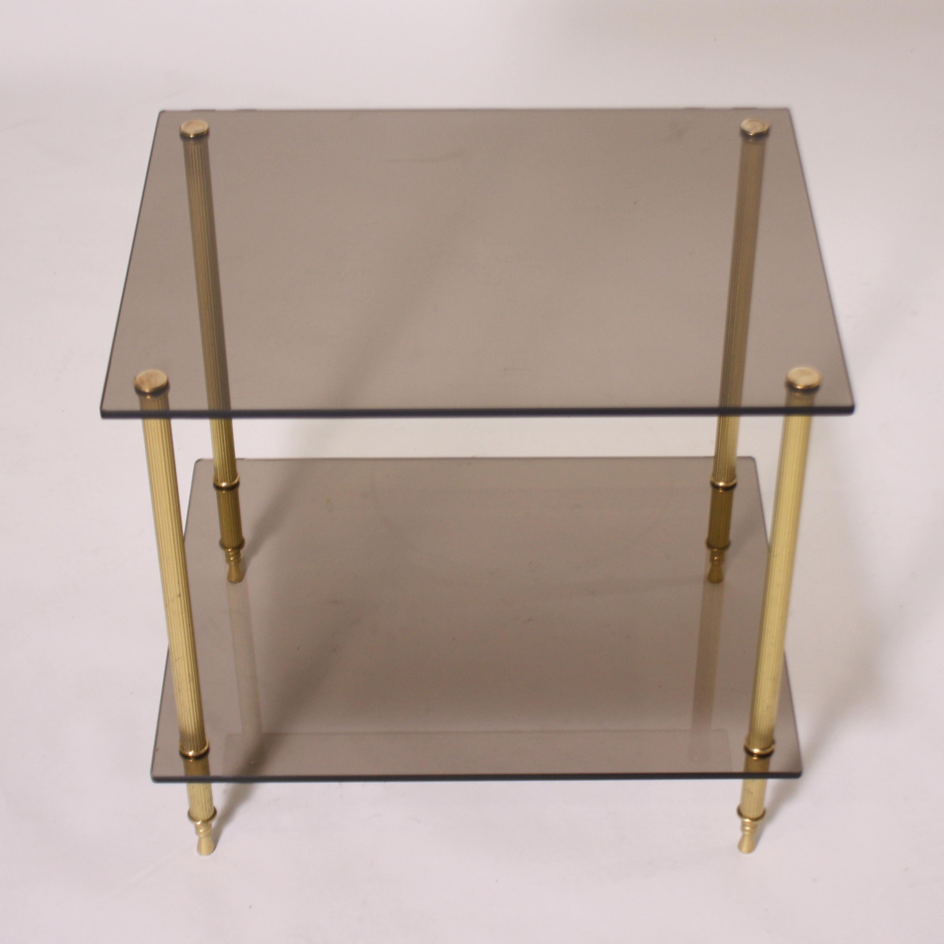 French Pair of Brass and Smoked Glass Tables, circa 1950