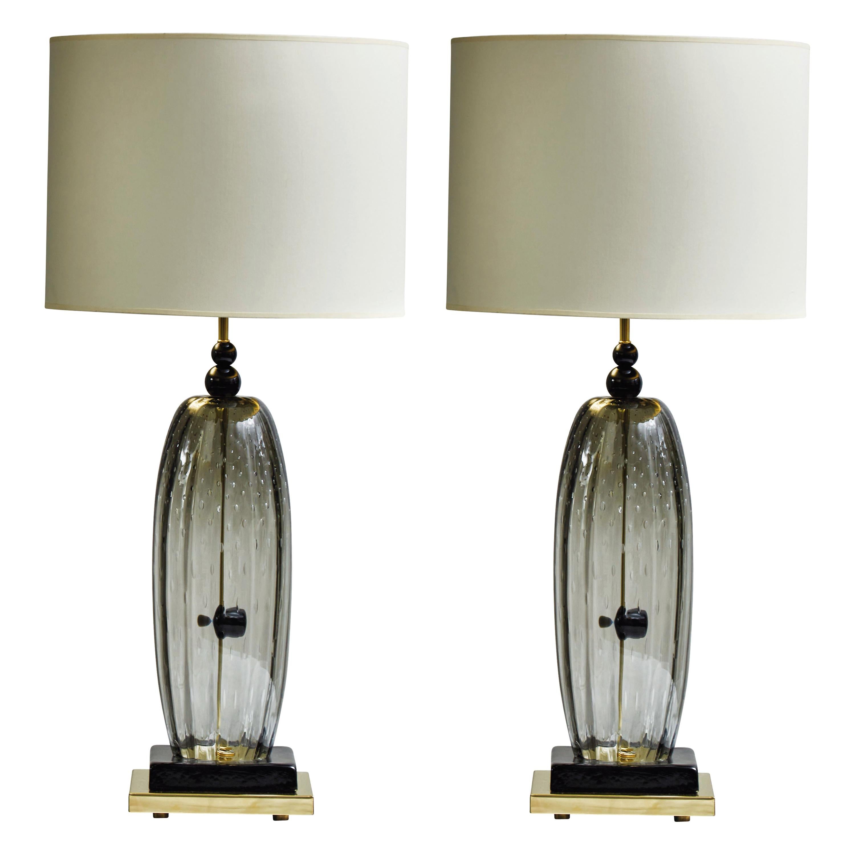Pair of Brass and Smoked Murano Glass Table Lamps