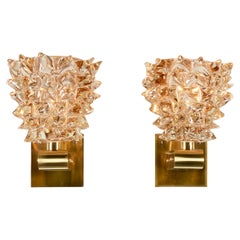 Pair of Brass and soft pink Murano Rostrato Glass wall sconces