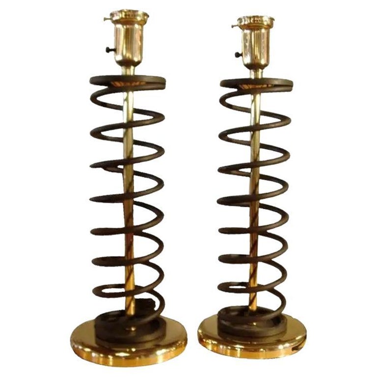 Pair of Brass and Steel Coil Spring Lamps in the Manner of Donald Deskey For Sale