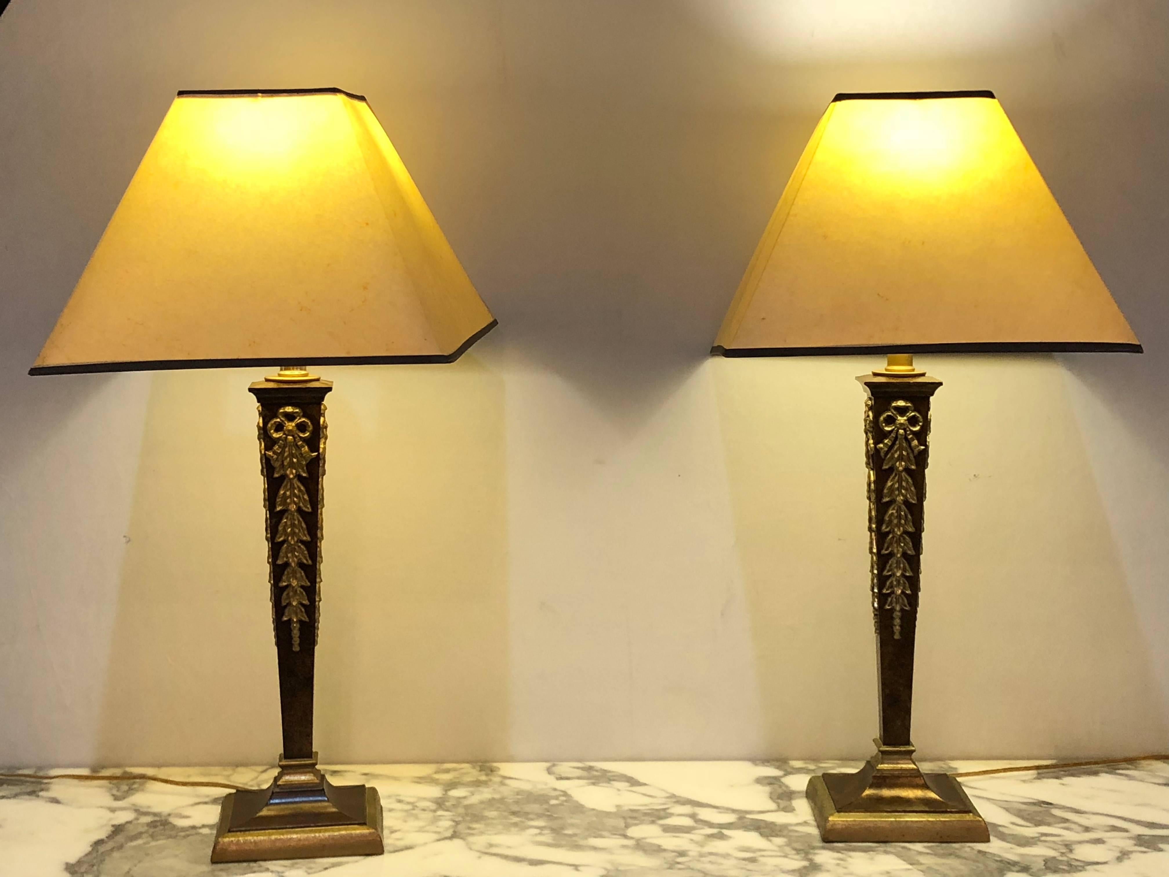 Pair of Brass and Steel Jansen Style French Table Lamps with Custom Shades 6