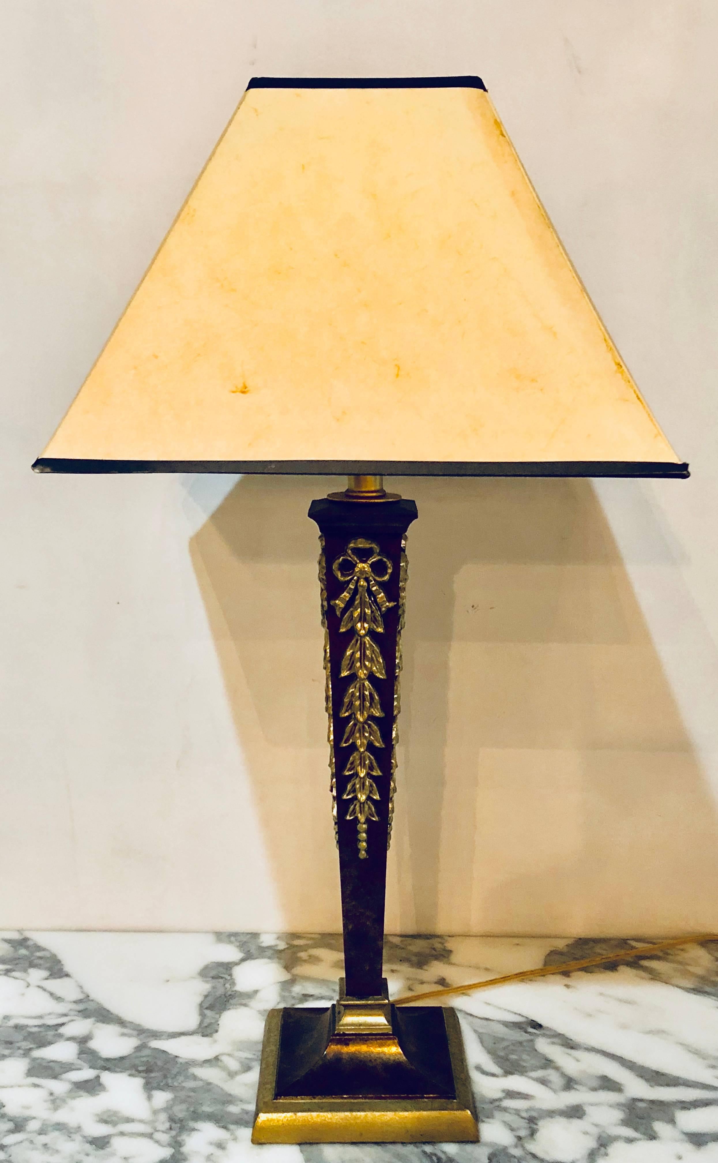 Pair of Brass and Steel Jansen Style French Table Lamps with Custom Shades In Good Condition In Stamford, CT