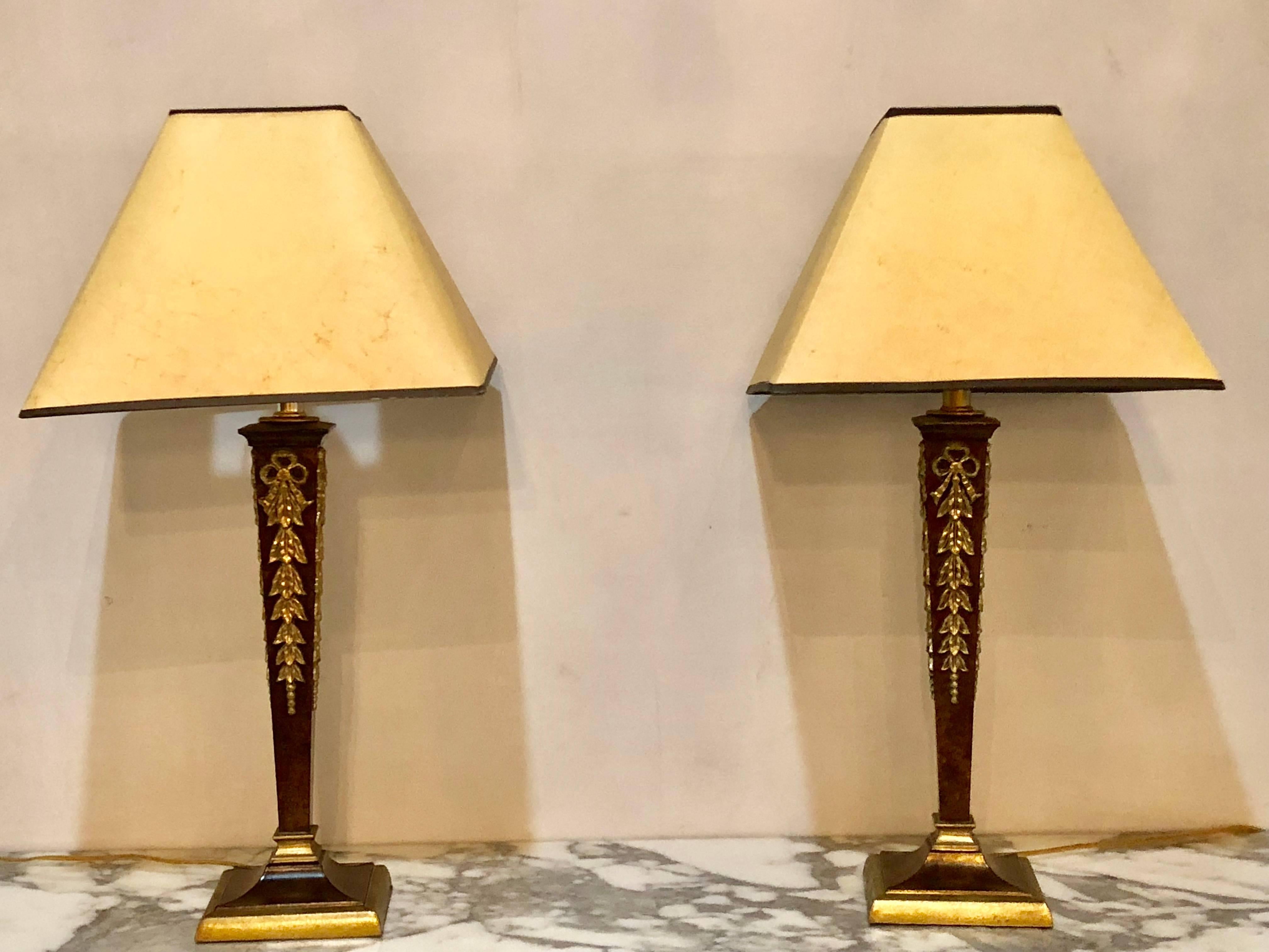 20th Century Pair of Brass and Steel Jansen Style French Table Lamps with Custom Shades