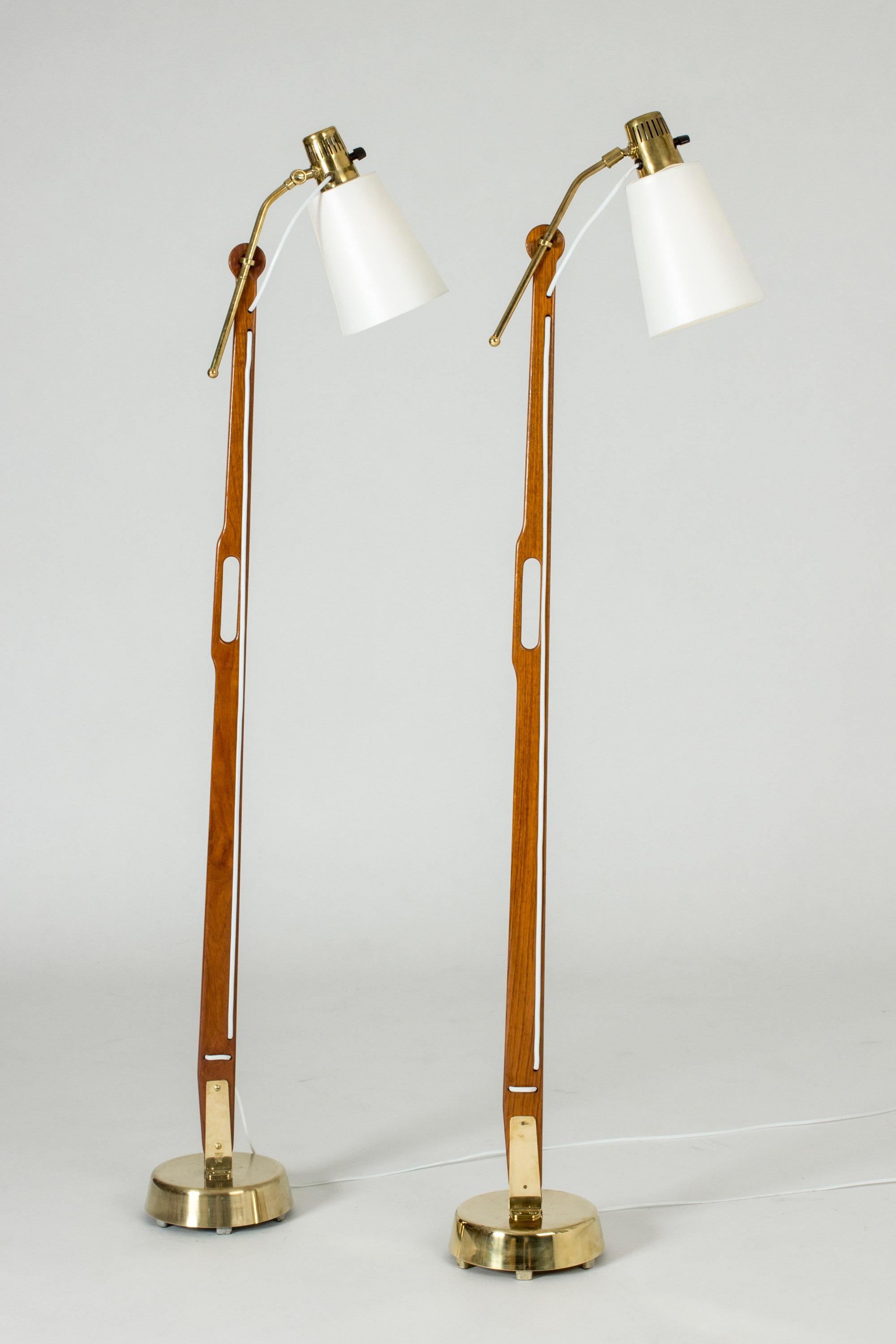 Swedish Pair of Brass and Teak Floor Lamps by Hans Bergström