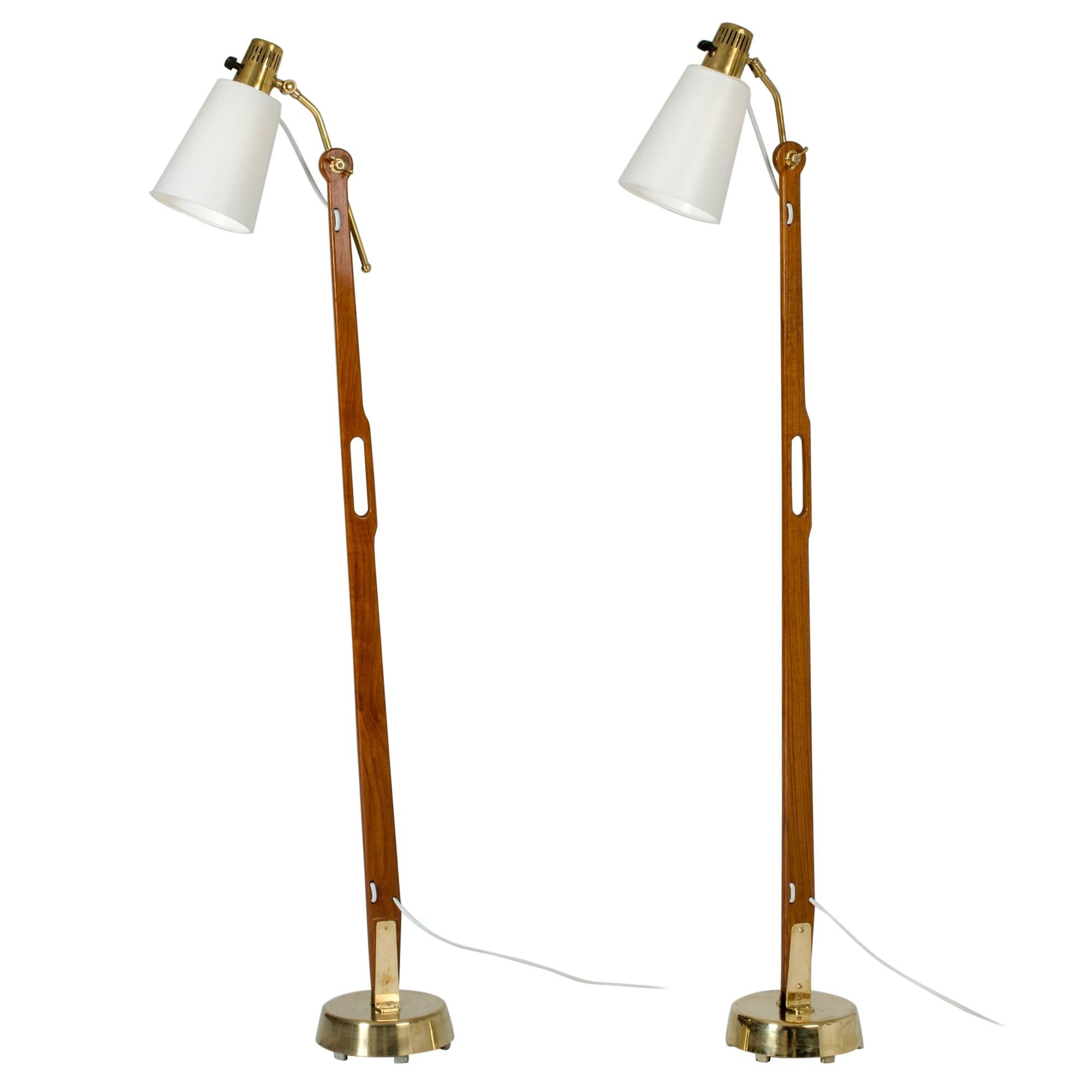 Pair of Brass and Teak Floor Lamps by Hans Bergström