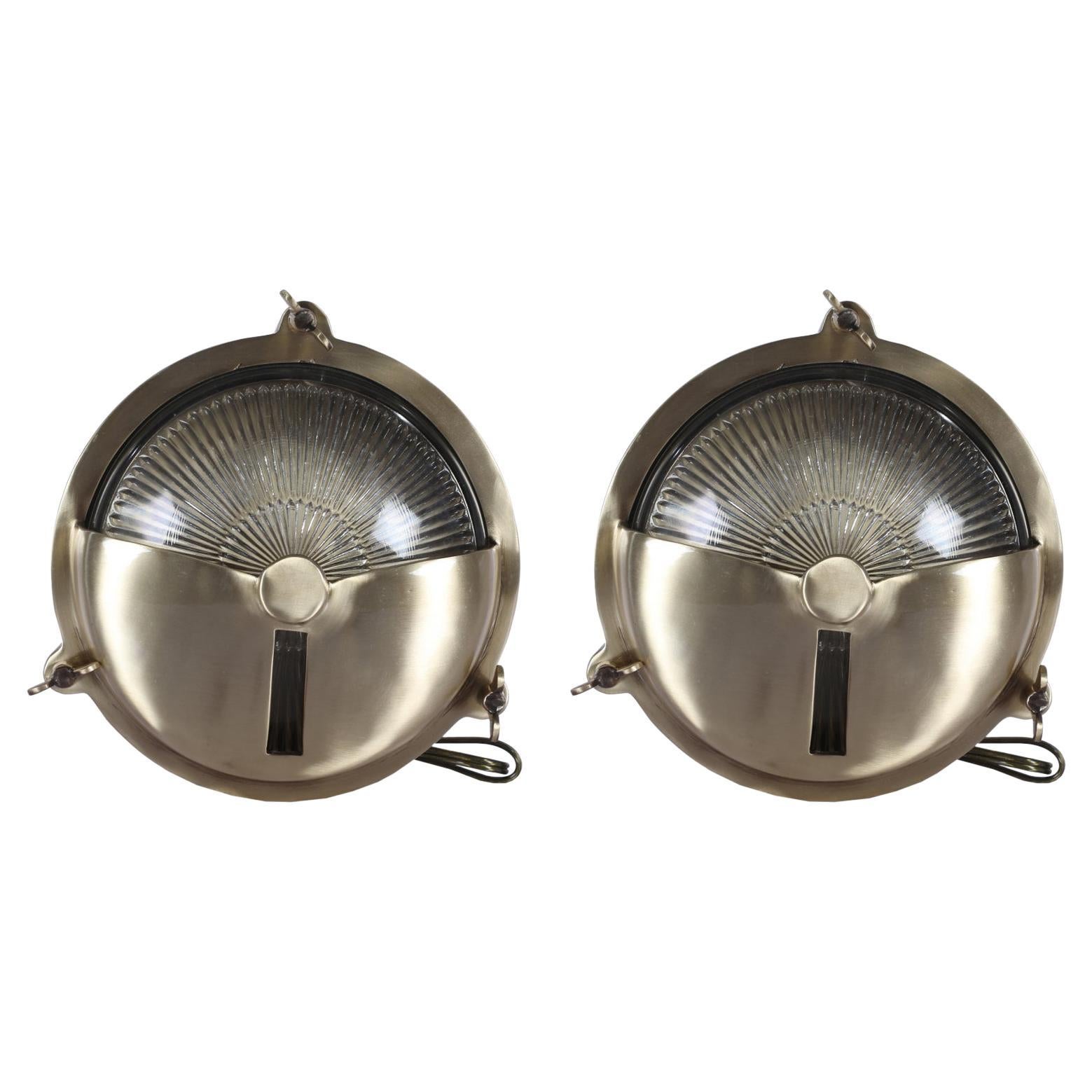 Pair of Brass and Textured Glass Ship's Passageway Sconce Lights For Sale