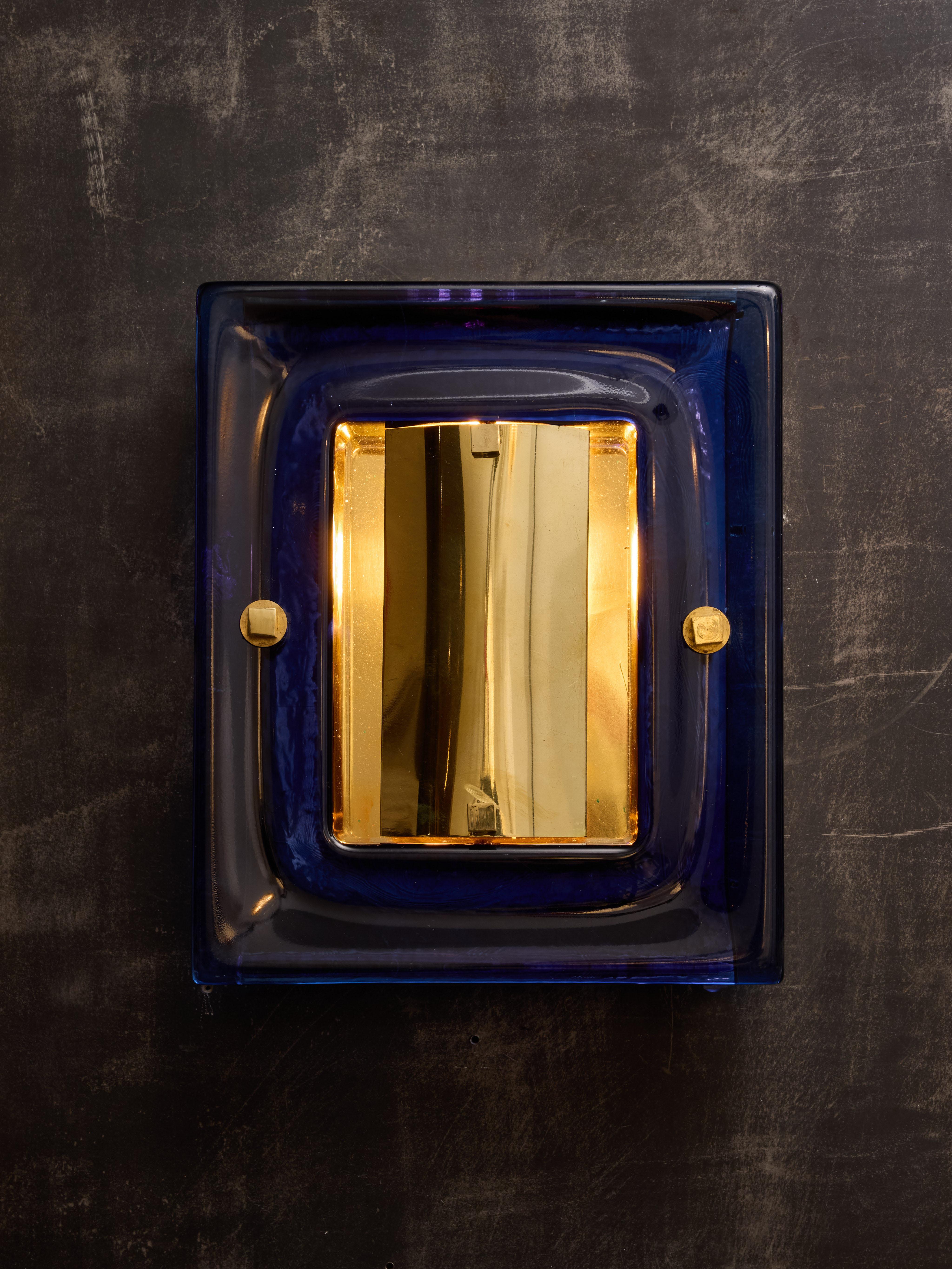 Mid-Century Modern Pair of Brass and Thick Blue Murano Glass Frame For Sale