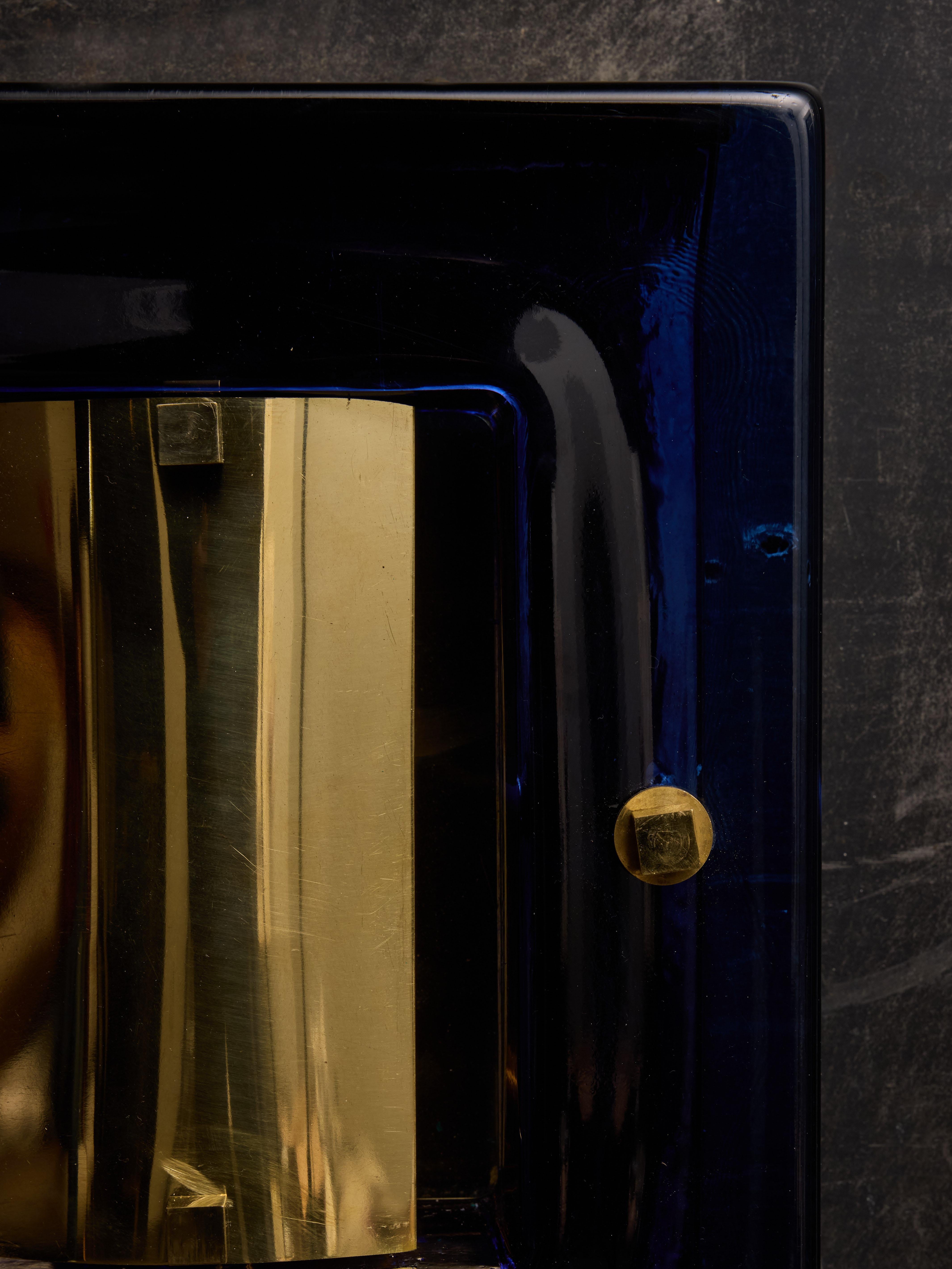 Italian Pair of Brass and Thick Blue Murano Glass Frame For Sale