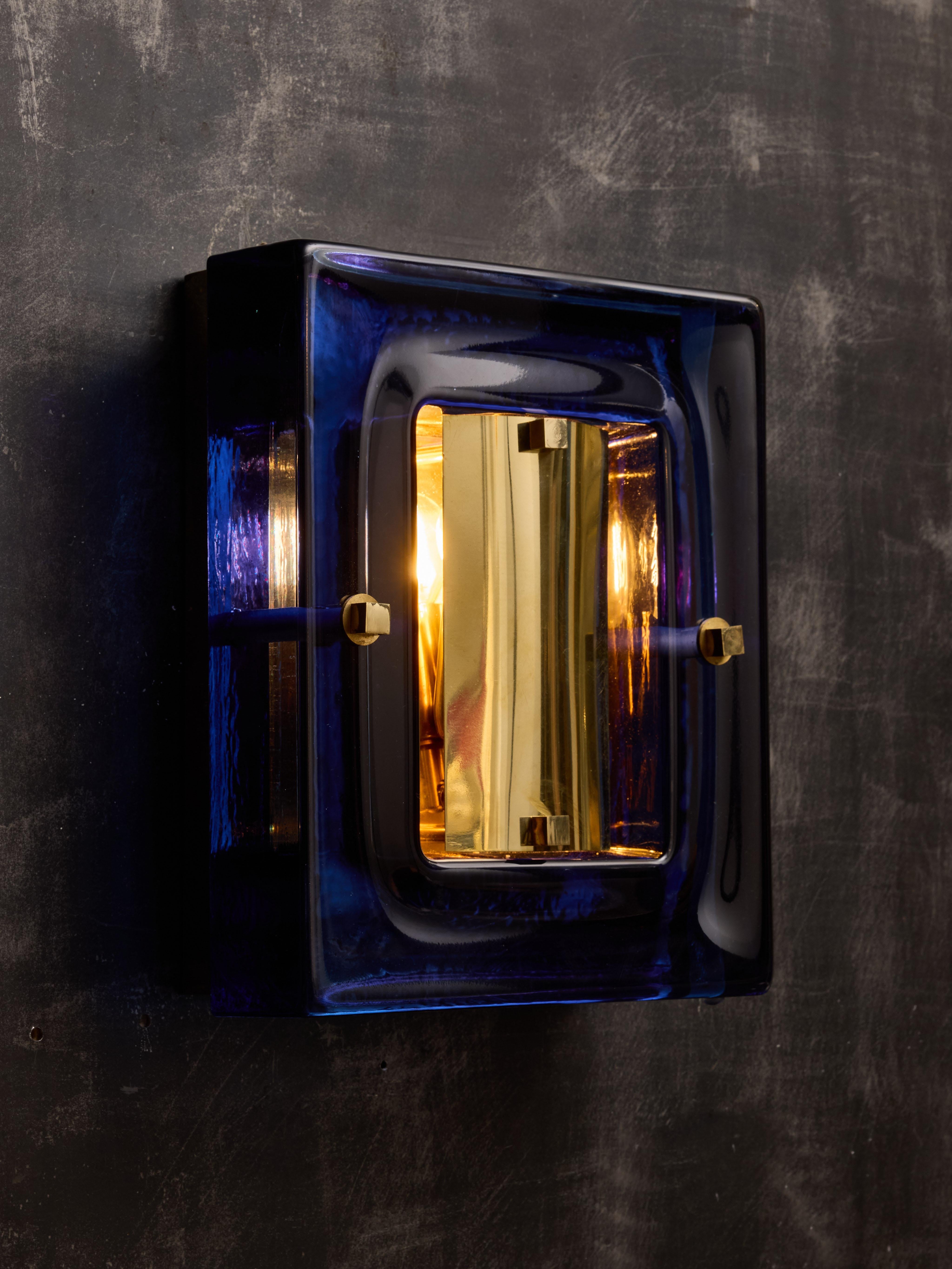 Late 20th Century Pair of Brass and Thick Blue Murano Glass Frame For Sale