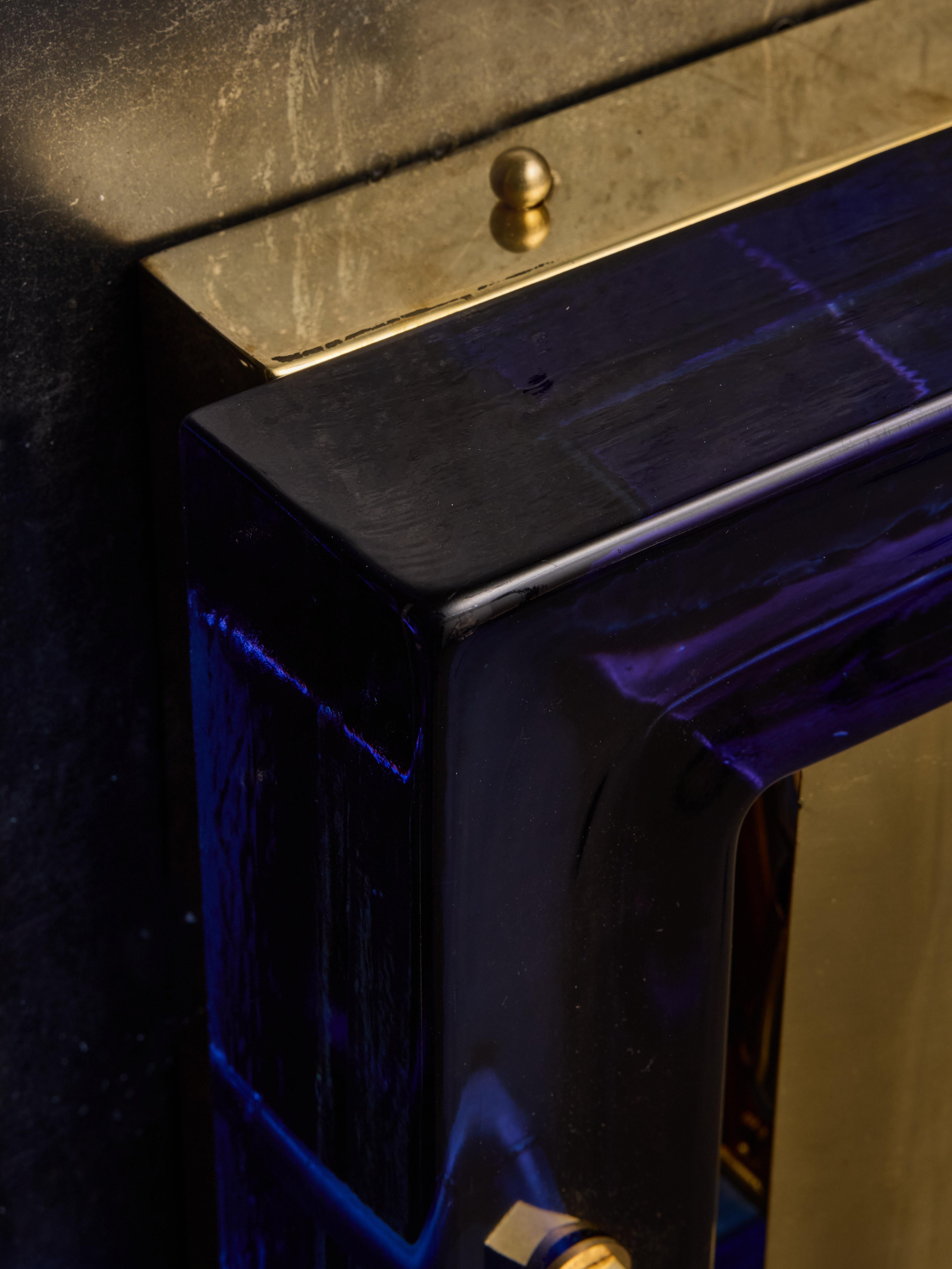 Pair of Brass and Thick Blue Murano Glass Frame For Sale 1