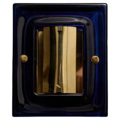 Pair of Brass and Thick Blue Murano Glass Frame