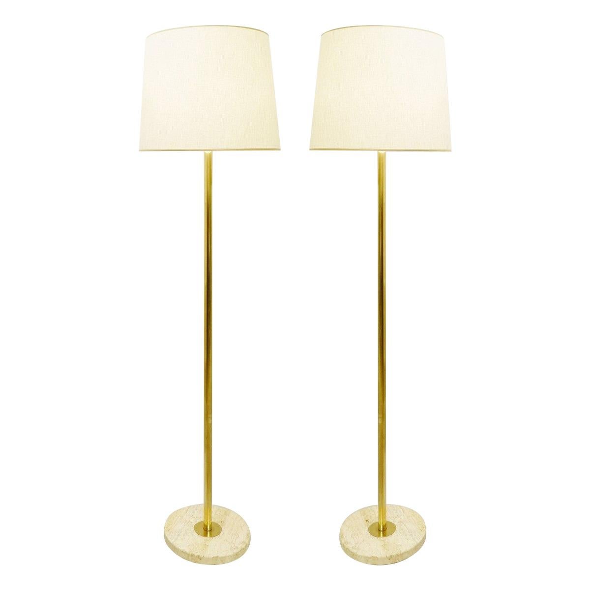 Pair of Brass and Travertine Base Floor Lamps