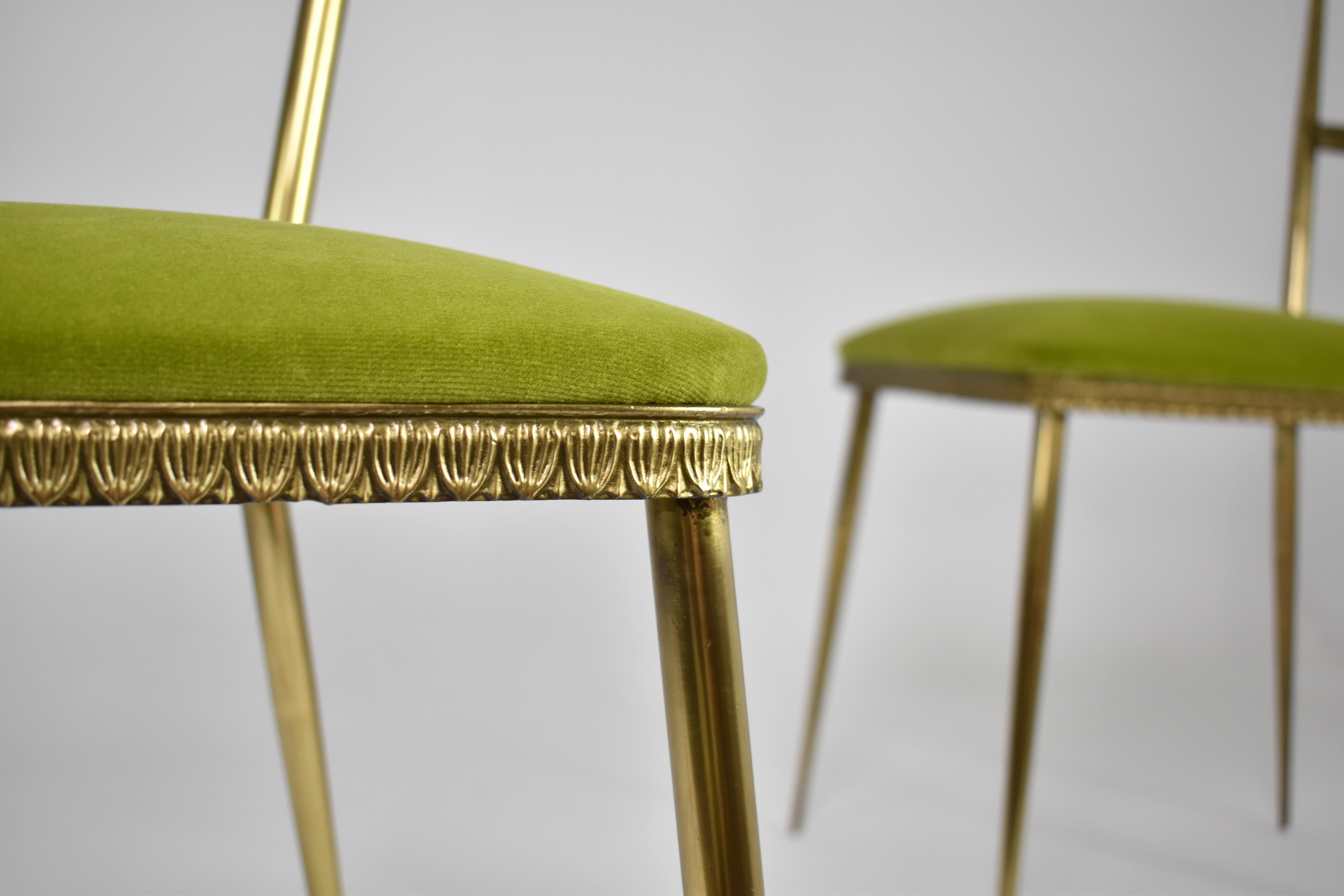 Pair of Brass and Velvet Italian Chairs in the Style of the 1950s For Sale 3