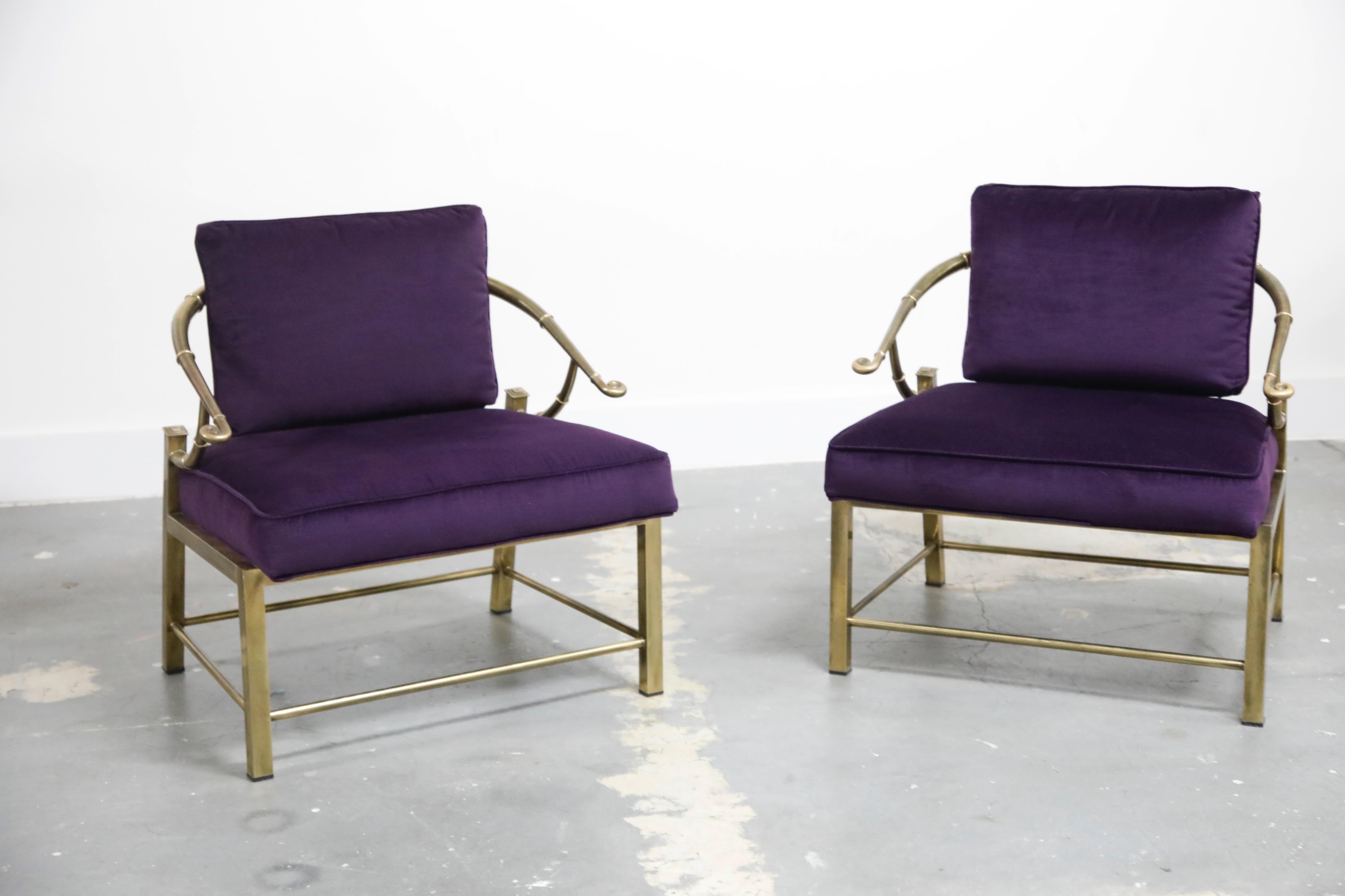 Pair of Brass and Velvet Slipper Chairs by Mastercraft, circa 1970, Italy 14