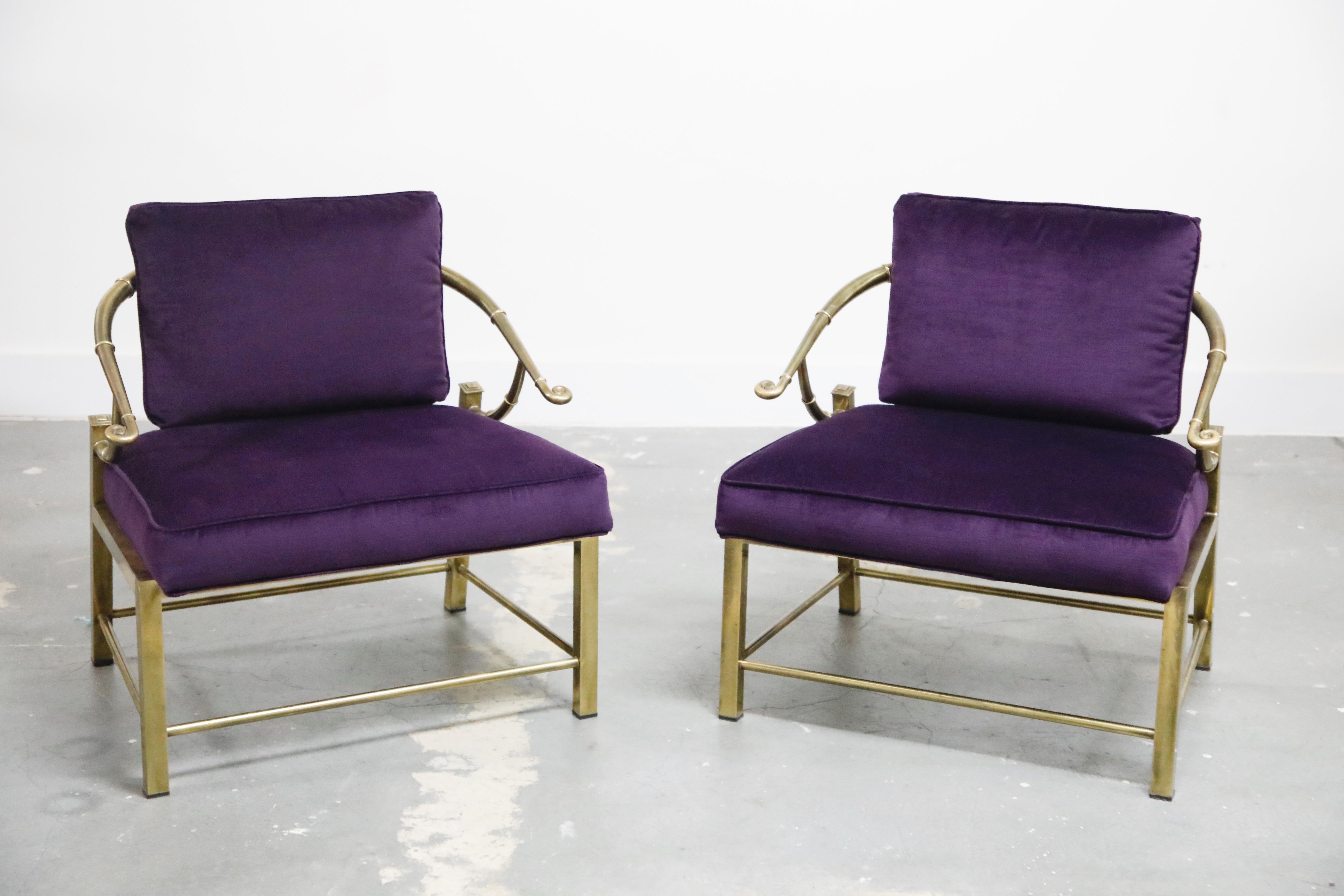 Modern Pair of Brass and Velvet Slipper Chairs by Mastercraft, circa 1970, Italy