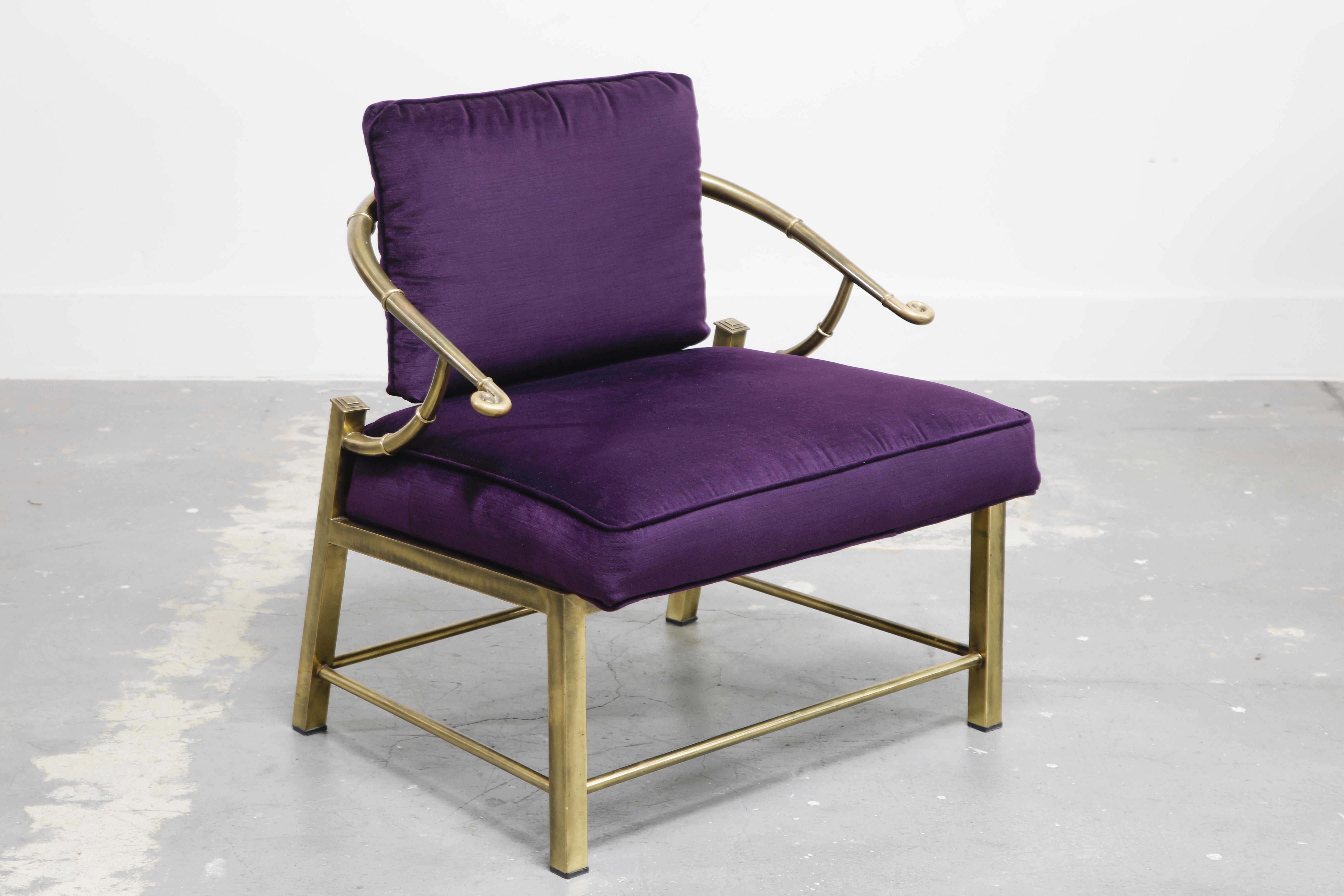 Late 20th Century Pair of Brass and Velvet Slipper Chairs by Mastercraft, circa 1970, Italy