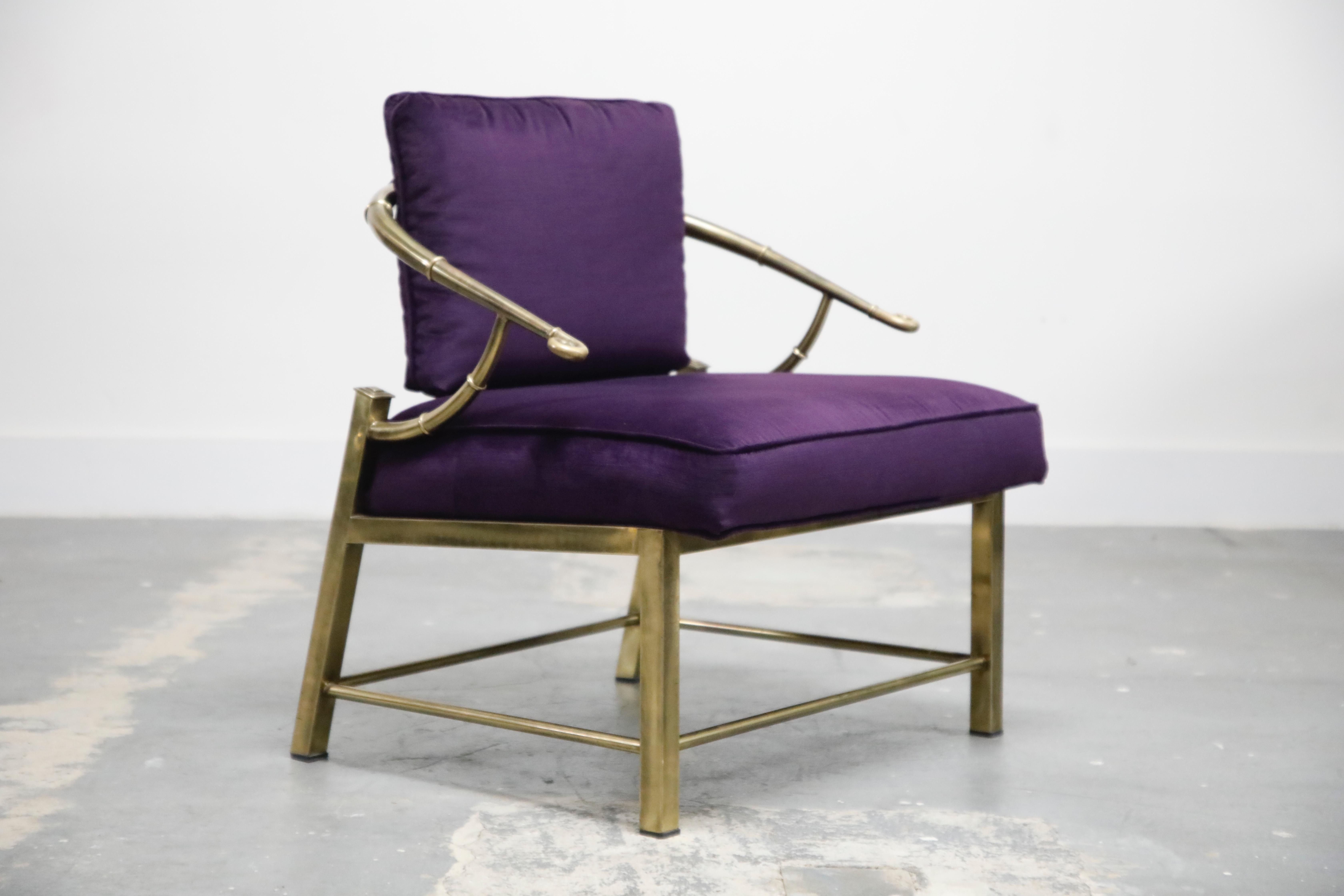 Pair of Brass and Velvet Slipper Chairs by Mastercraft, circa 1970, Italy 2
