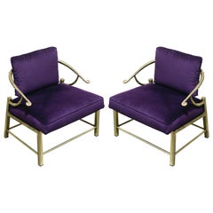 Pair of Brass and Velvet Slipper Chairs by Mastercraft, circa 1970, Italy