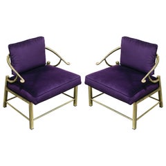 Pair of Brass and Velvet Slipper Chairs by Mastercraft, circa 1970, Italy