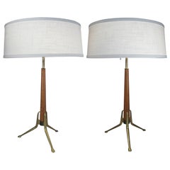 Pair of Brass and Walnut Lamps by Gerald Thurston for Lightolier