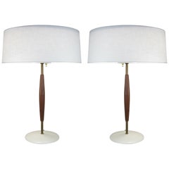Pair of Brass and Walnut Lamps by Gerald Thurston for Lightolier