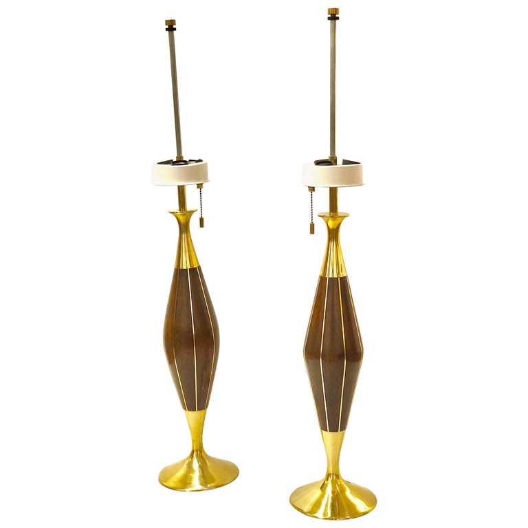 Pair of Brass and Walnut Table Lamps by Tony Paul for Westwood ...