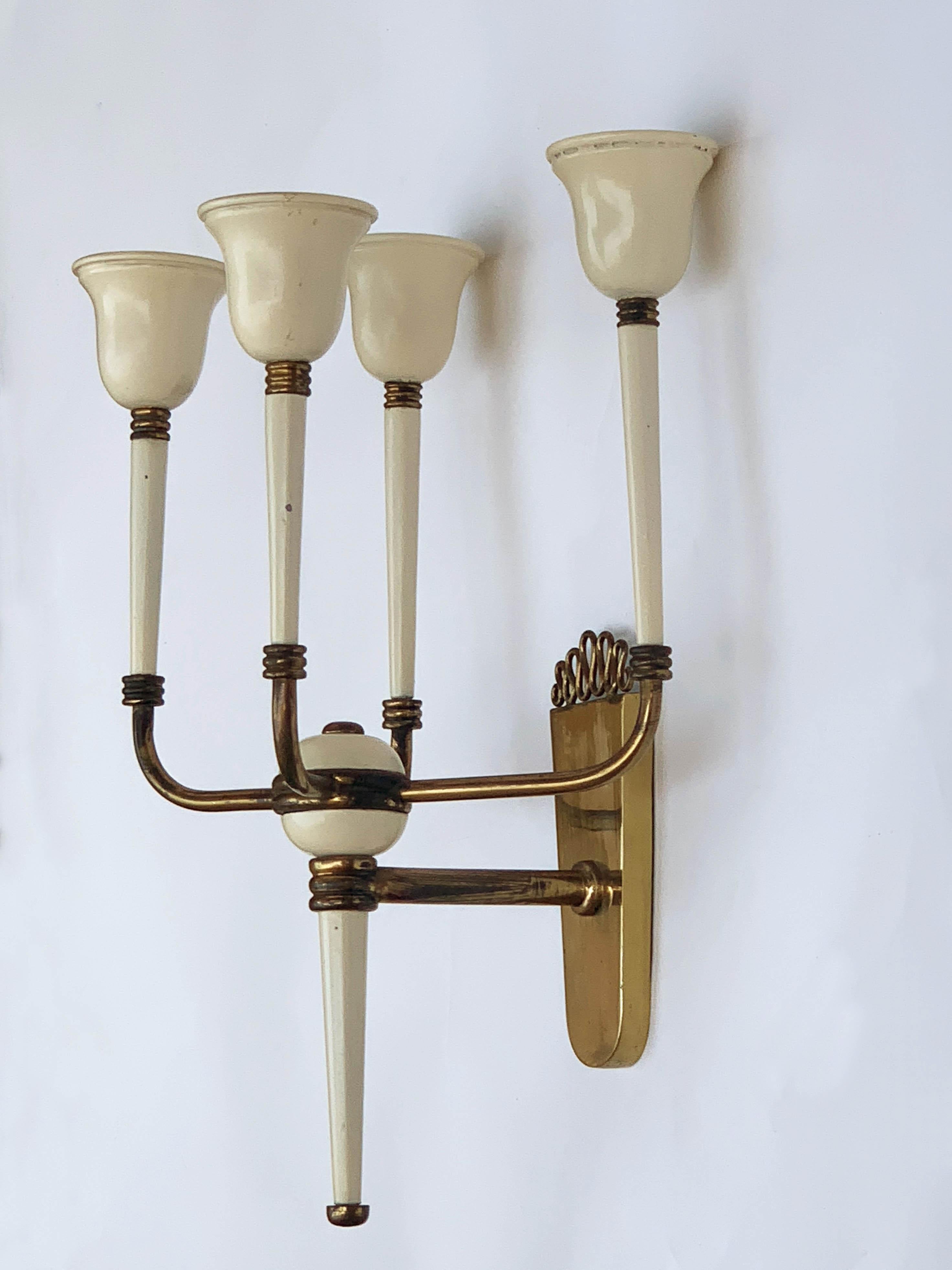 Pair of Brass and White Enameled Italian Sconces Attributed to Ulrich, 1940s 4