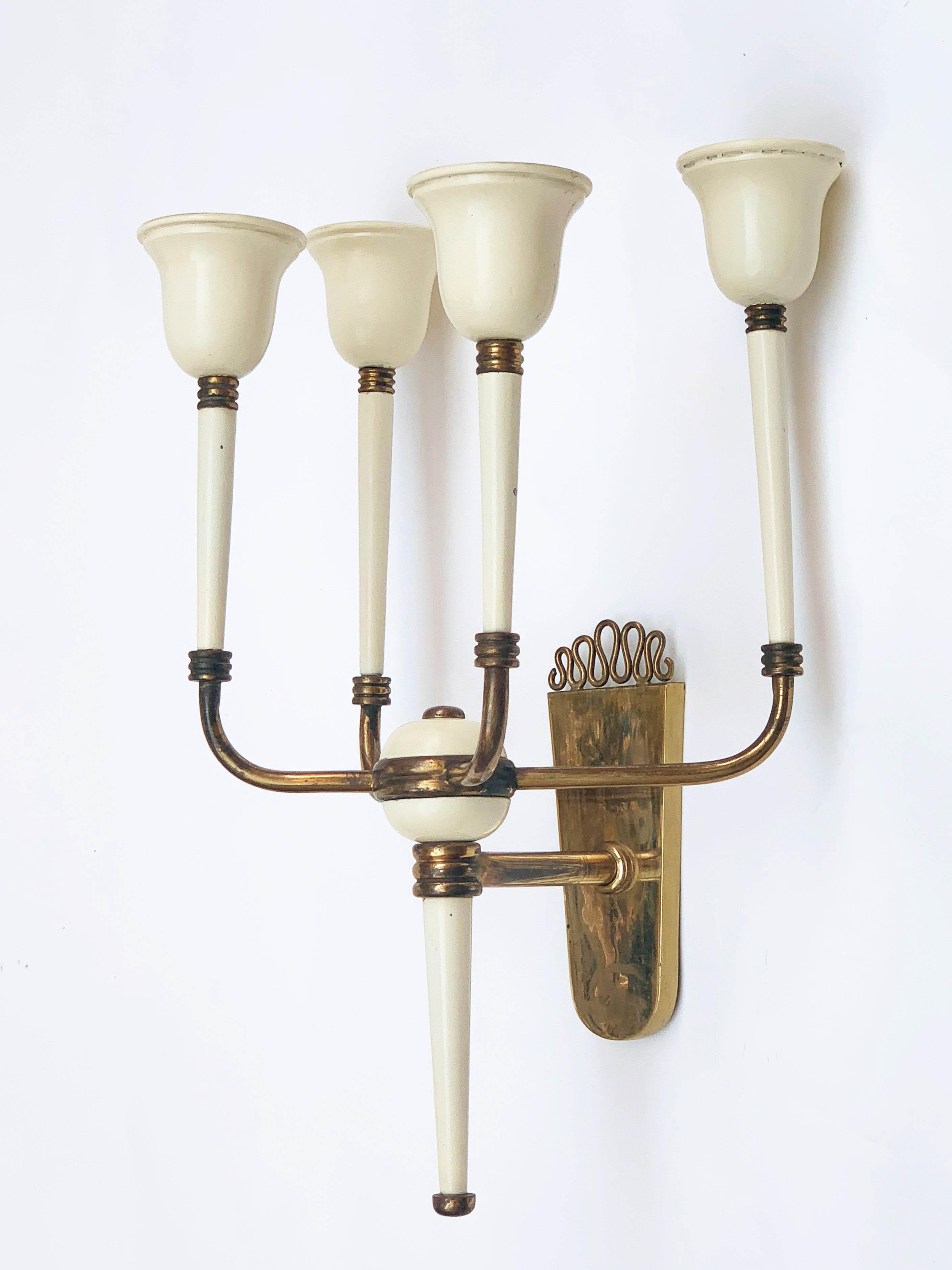 Pair of Brass and White Enameled Italian Sconces Attributed to Ulrich, 1940s 5