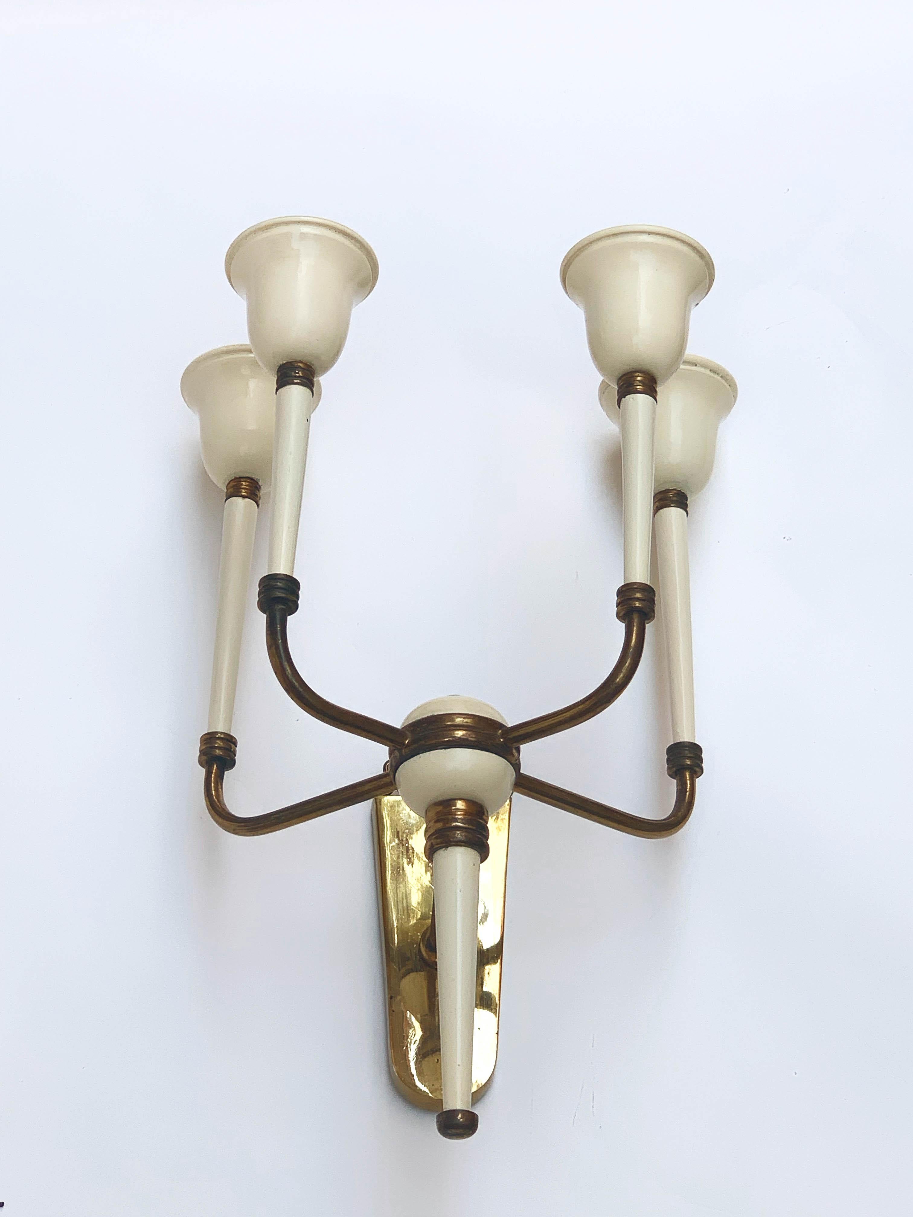 Pair of Brass and White Enameled Italian Sconces Attributed to Ulrich, 1940s 6