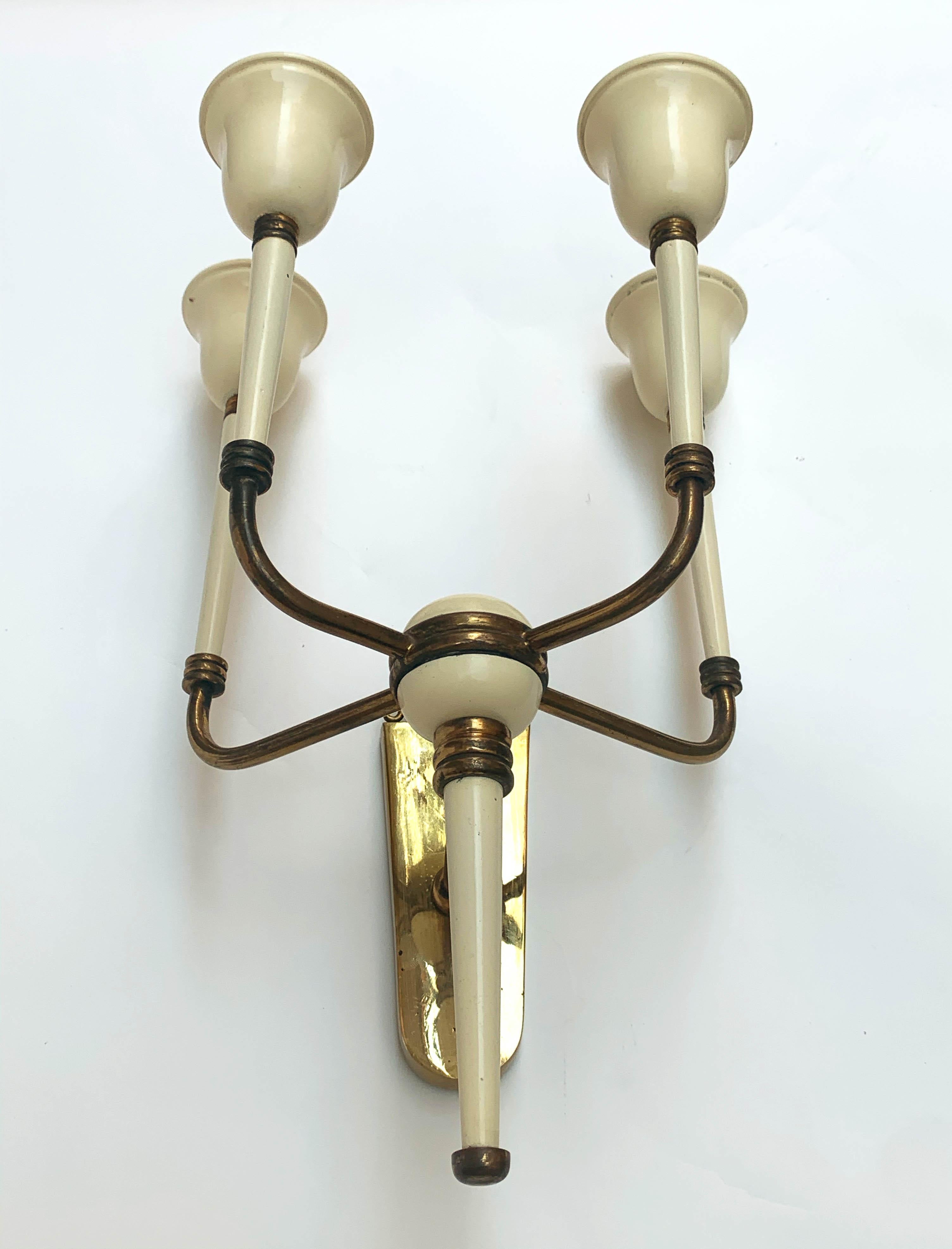 Pair of Brass and White Enameled Italian Sconces Attributed to Ulrich, 1940s 7