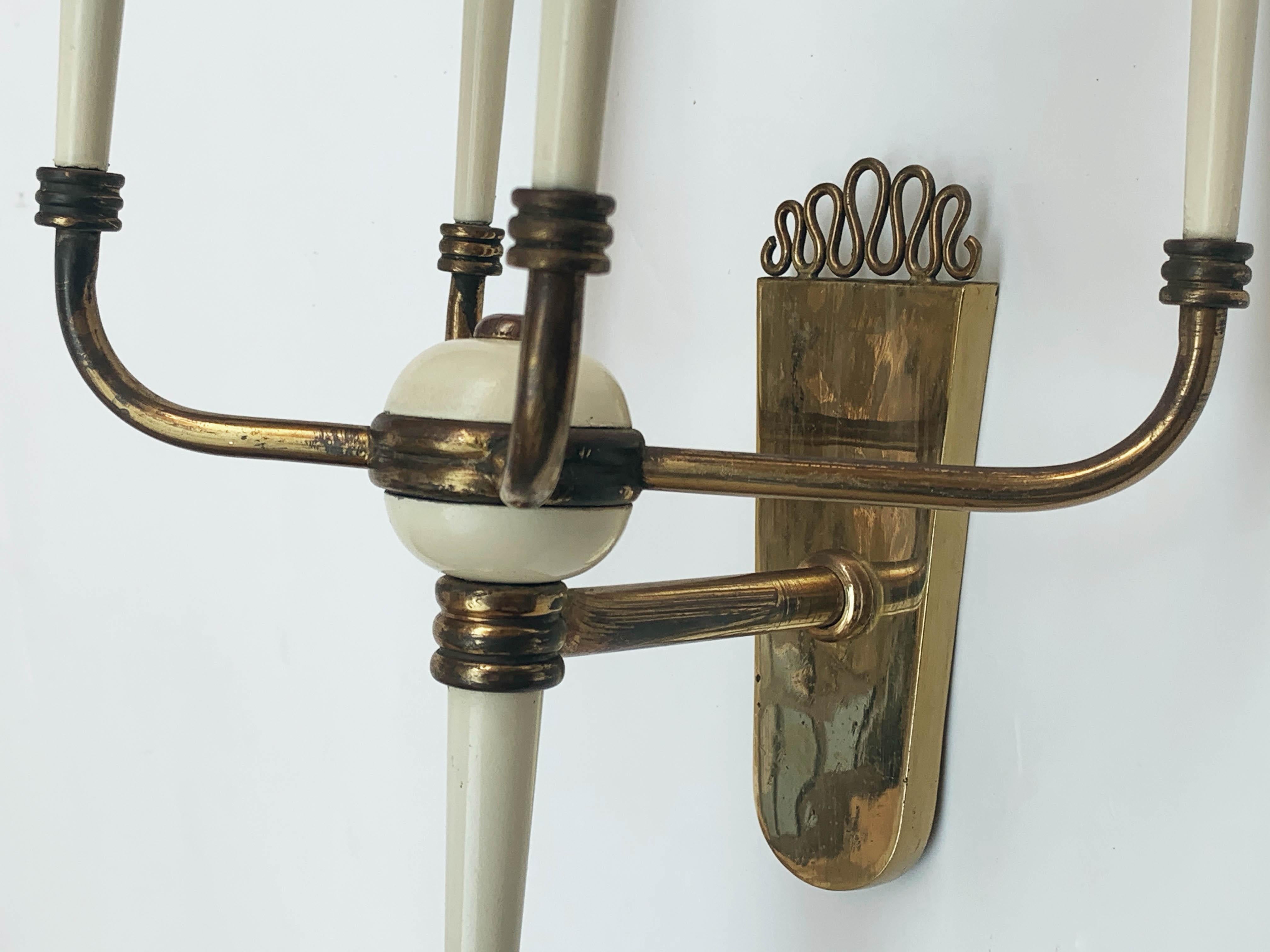 Pair of Brass and White Enameled Italian Sconces Attributed to Ulrich, 1940s 9